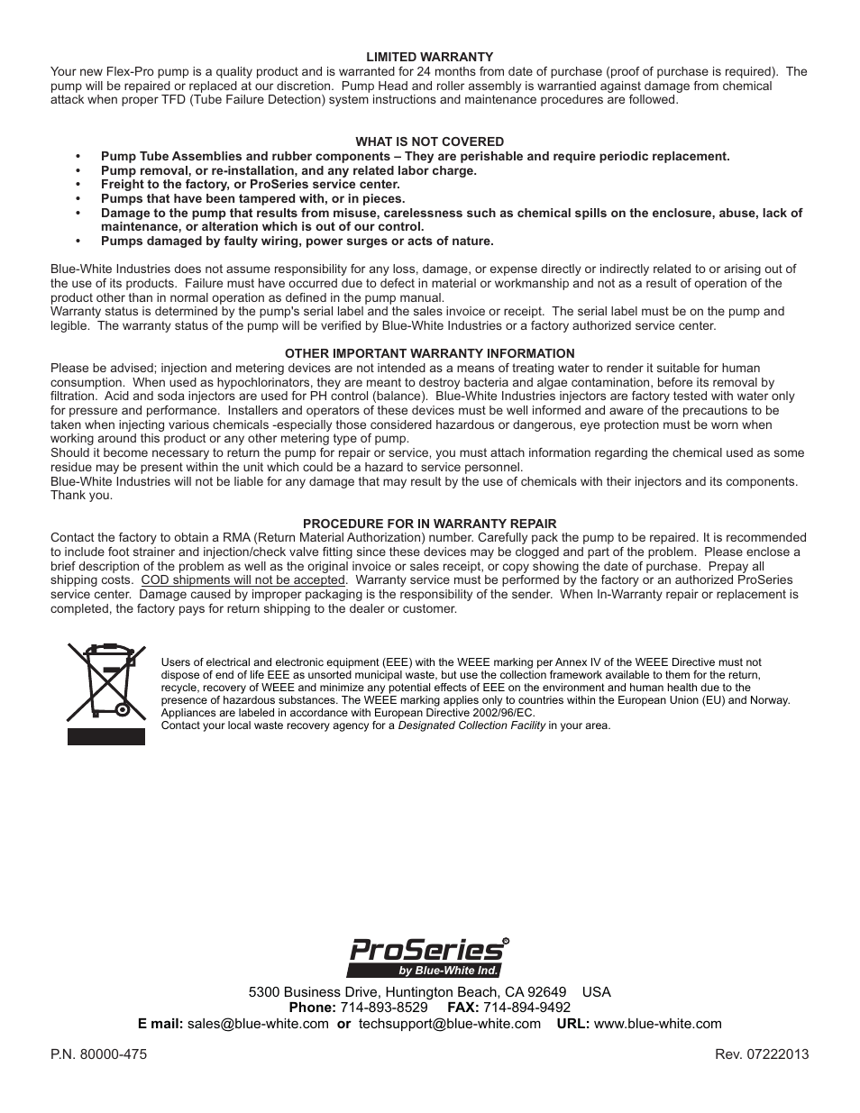 Proseries | Blue-White FLEX-PRO A2 ProSeries Peristaltic Pump User Manual | Page 34 / 34