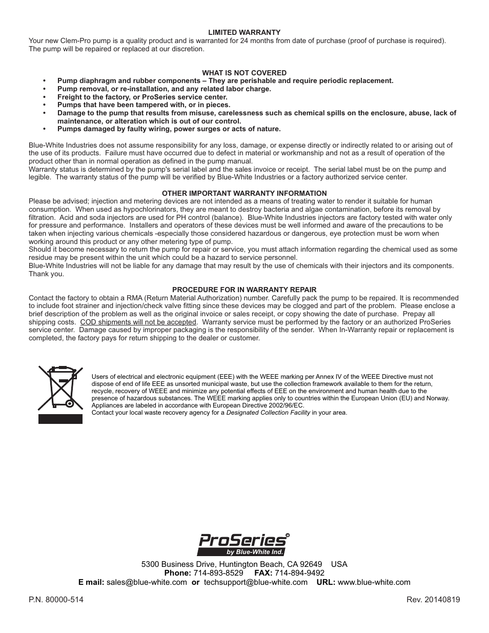 Proseries | Blue-White CHEM-PRO C3 ProSeries Diaphragm Pump User Manual | Page 24 / 24