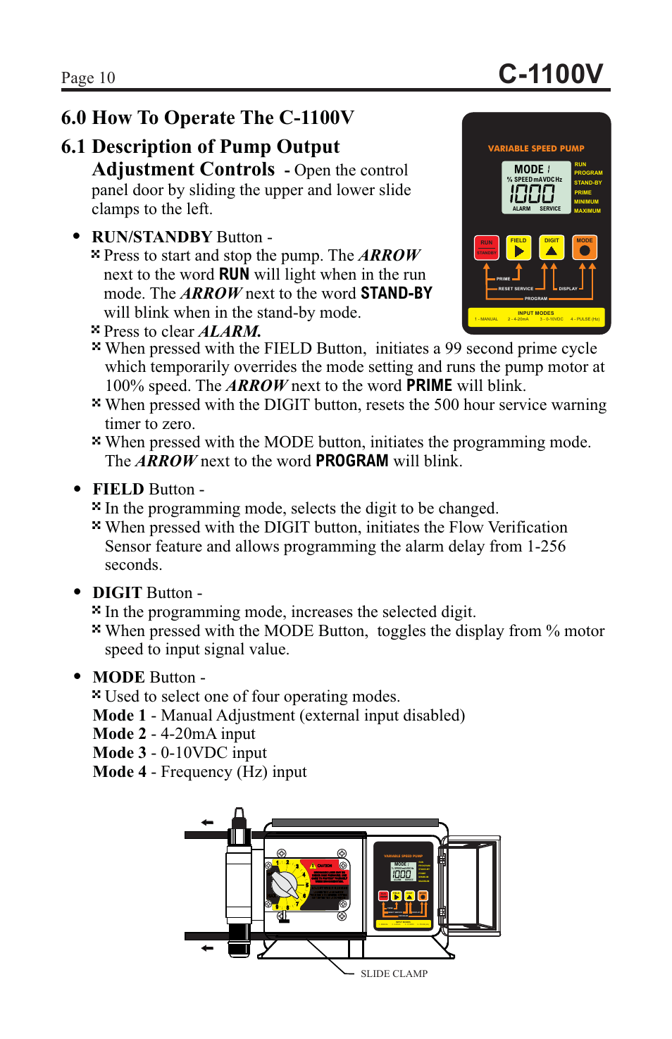 C-1100v, Page 10, Mode | Slide clamp | Blue-White C-1100 CHEM-FEED Diaphragm Pump User Manual | Page 10 / 28