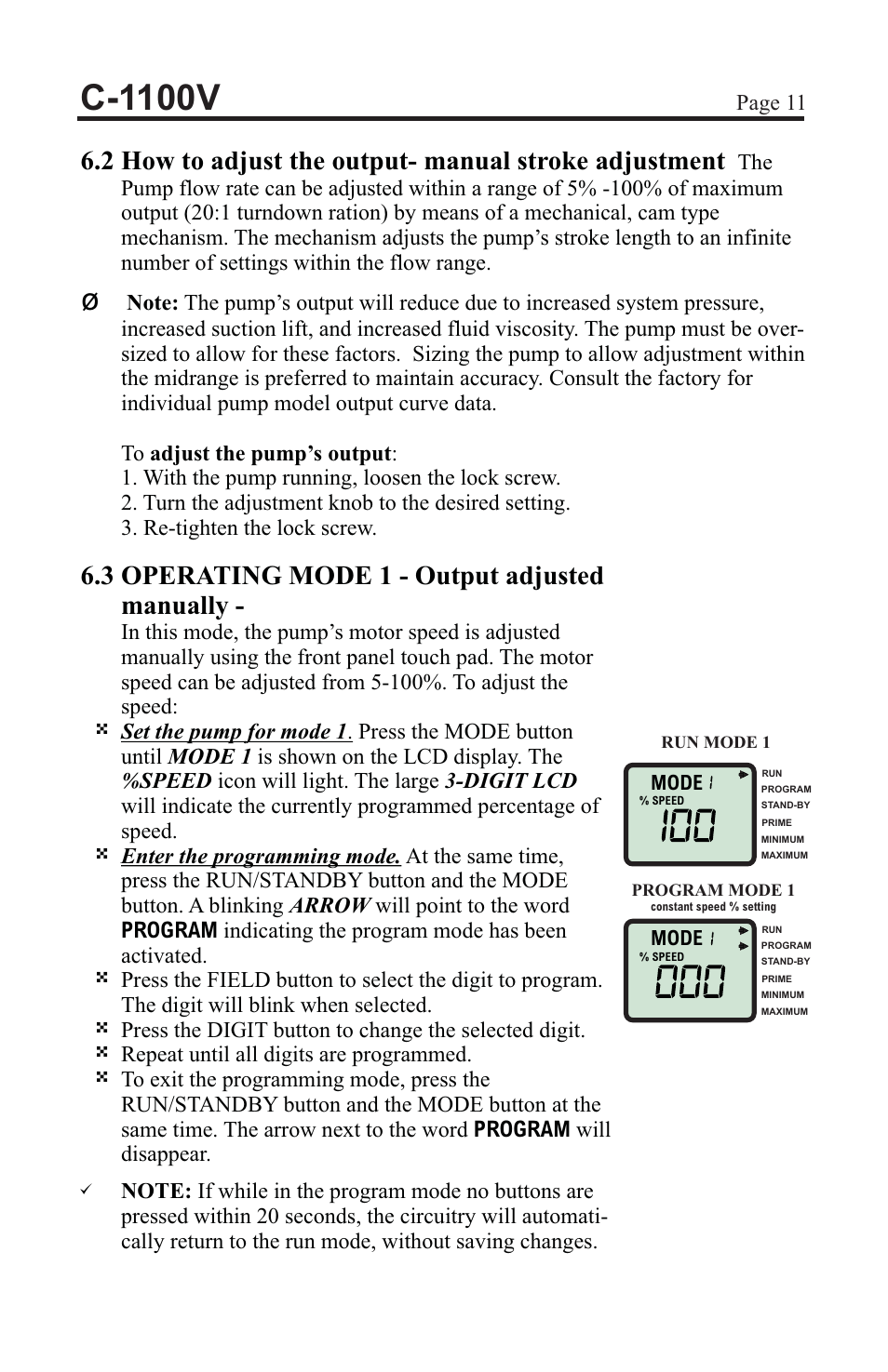C-1100v, 3 operating mode 1 - output adjusted manually, Page 11 | Mode | Blue-White C-1100 CHEM-FEED Diaphragm Pump User Manual | Page 11 / 28