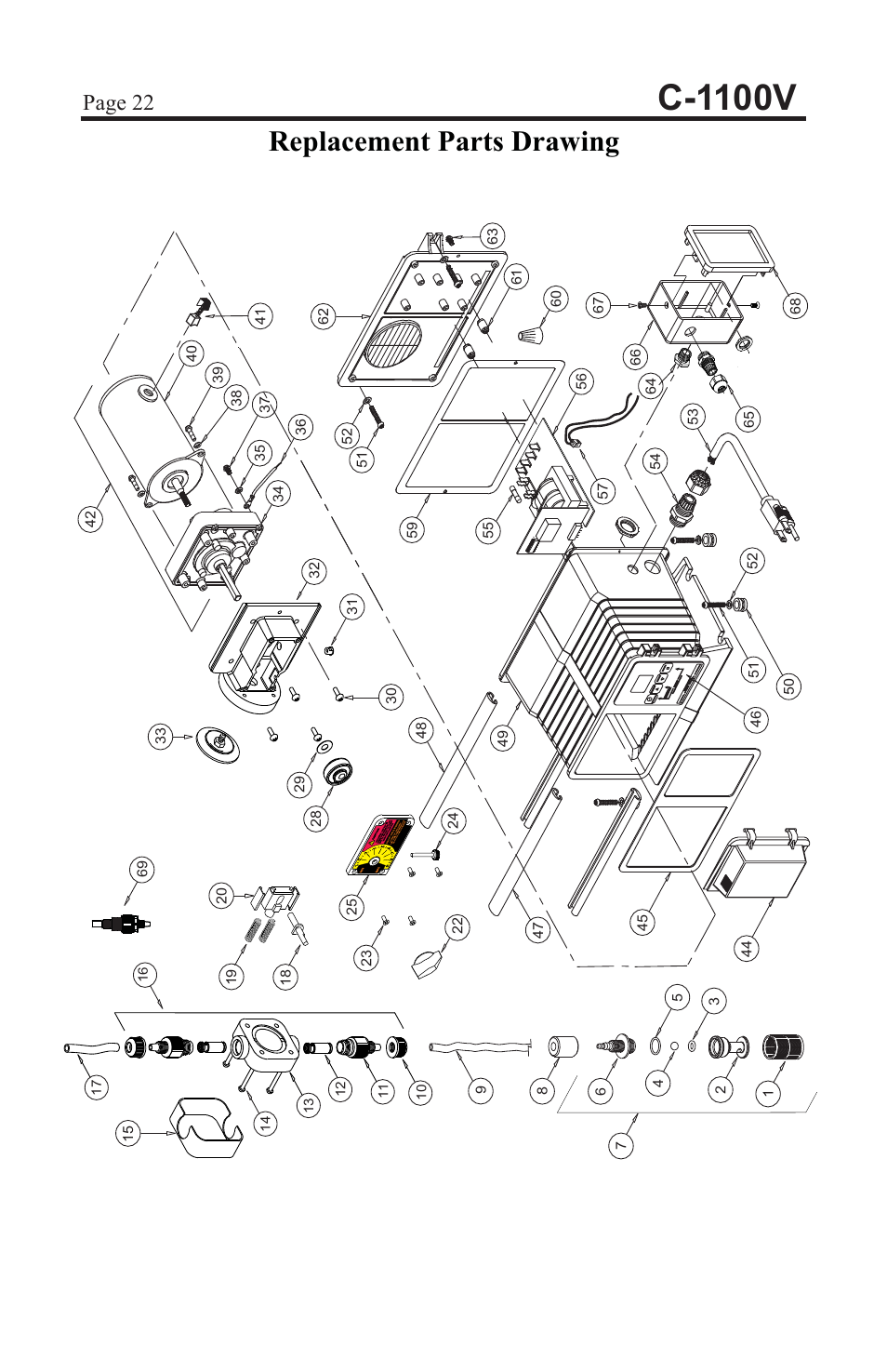 C-1100v, Replacement parts drawing, Page 22 | Blue-White C-1100 CHEM-FEED Diaphragm Pump User Manual | Page 22 / 28