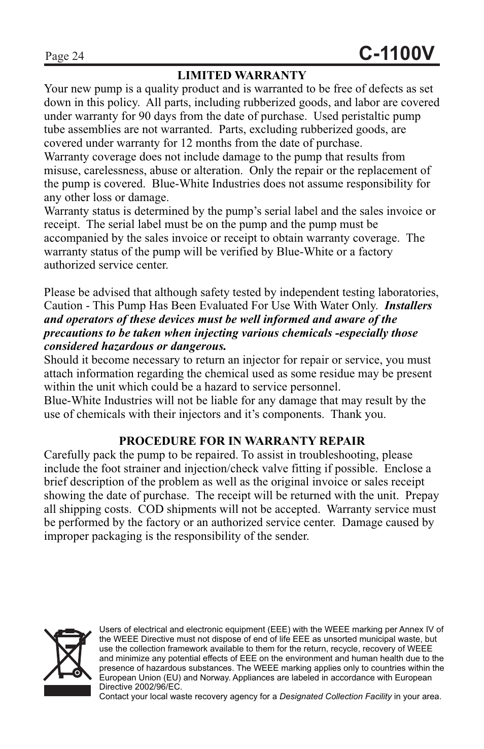 C-1100v | Blue-White C-1100 CHEM-FEED Diaphragm Pump User Manual | Page 24 / 28
