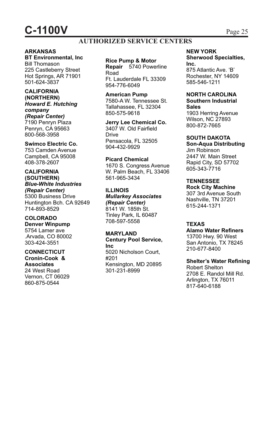 C-1100v, Page 25 authorized service centers | Blue-White C-1100 CHEM-FEED Diaphragm Pump User Manual | Page 25 / 28