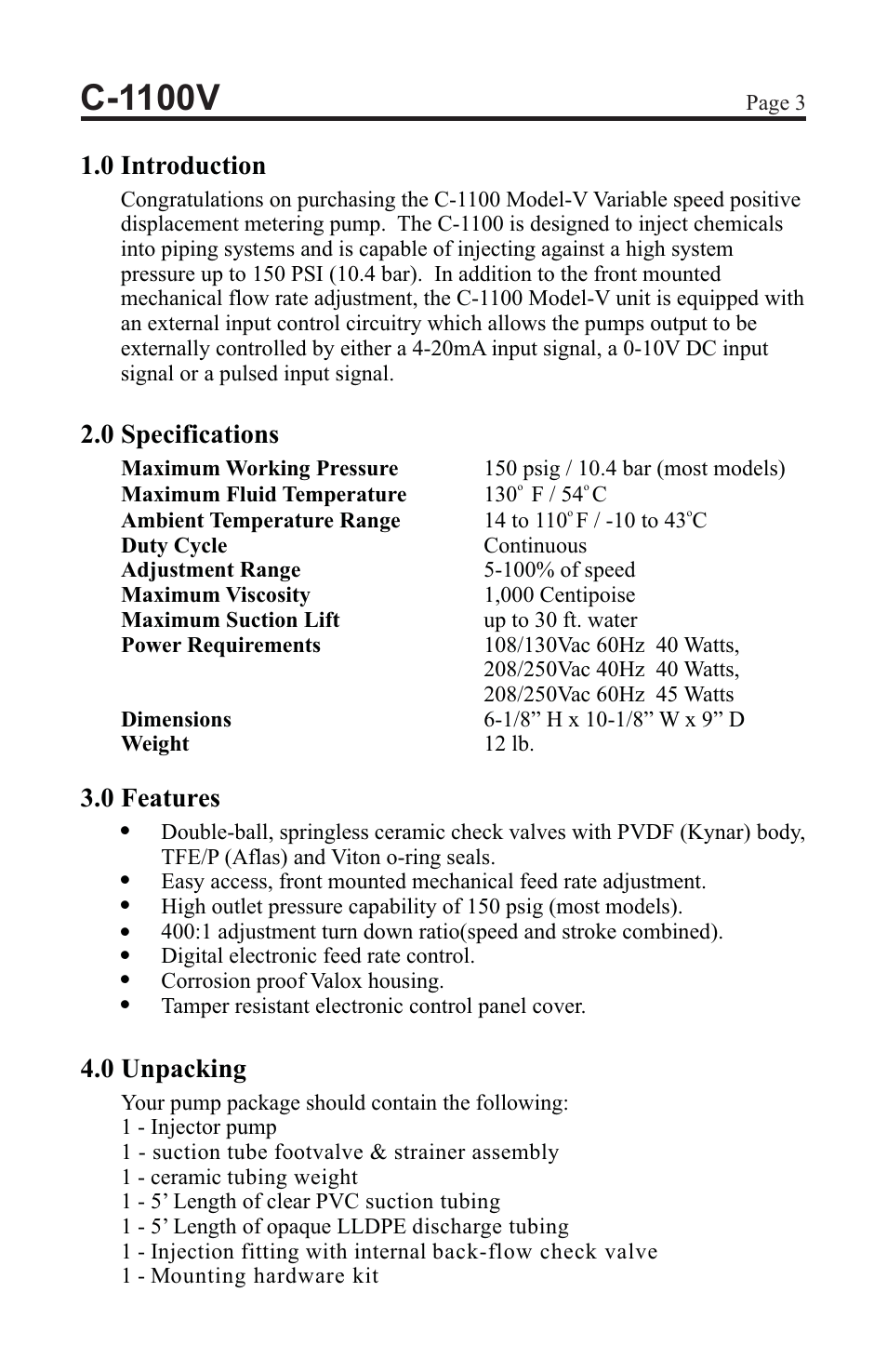 C-1100v, 0 specifications, 0 introduction | 0 unpacking, 0 features | Blue-White C-1100 CHEM-FEED Diaphragm Pump User Manual | Page 3 / 28