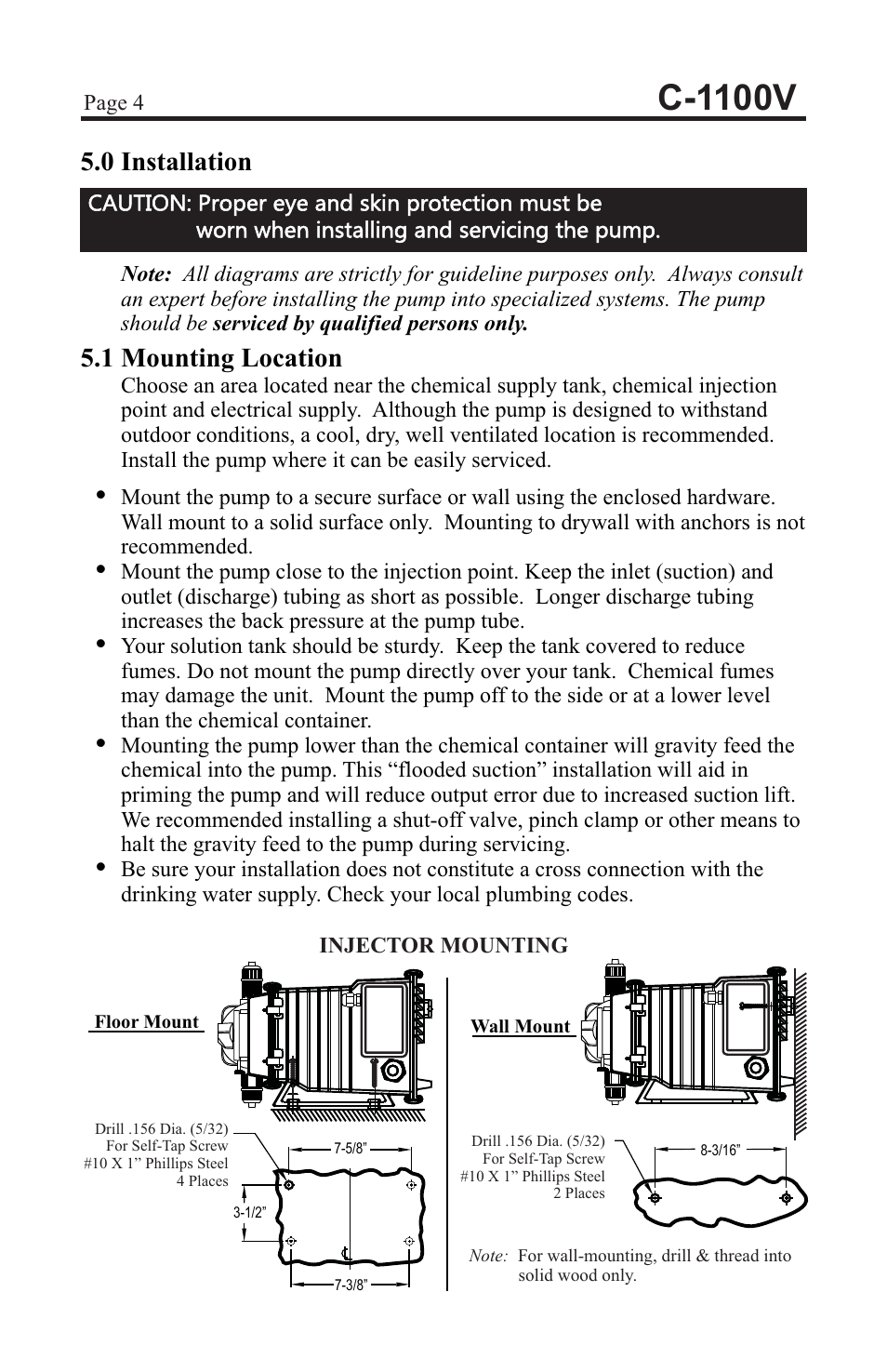 C-1100v, 0 installation, 1 mounting location | Injector mounting, Warning: risk of electric shock, Floor mount wall mount | Blue-White C-1100 CHEM-FEED Diaphragm Pump User Manual | Page 4 / 28