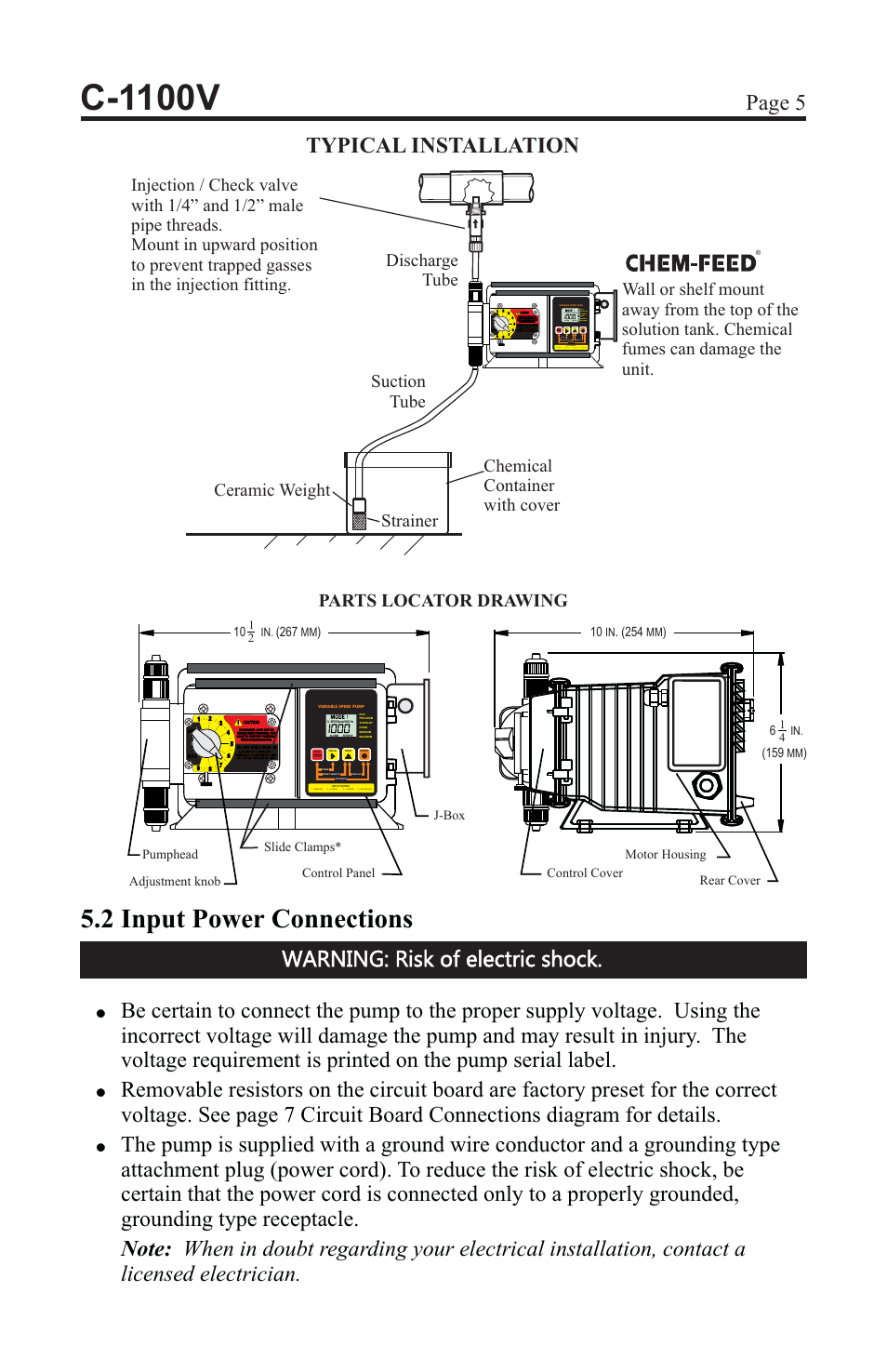 C-1100v, 2 input power connections, Page 5 typical installation | Parts locator drawing | Blue-White C-1100 CHEM-FEED Diaphragm Pump User Manual | Page 5 / 28
