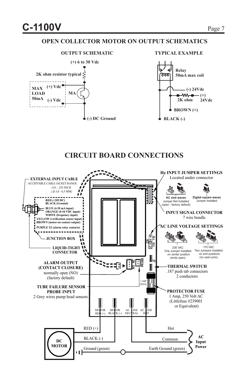 C-1100v, Circuit board connections, Page 7 | Open collector motor on output schematics, Typical example output schematic | Blue-White C-1100 CHEM-FEED Diaphragm Pump User Manual | Page 7 / 28