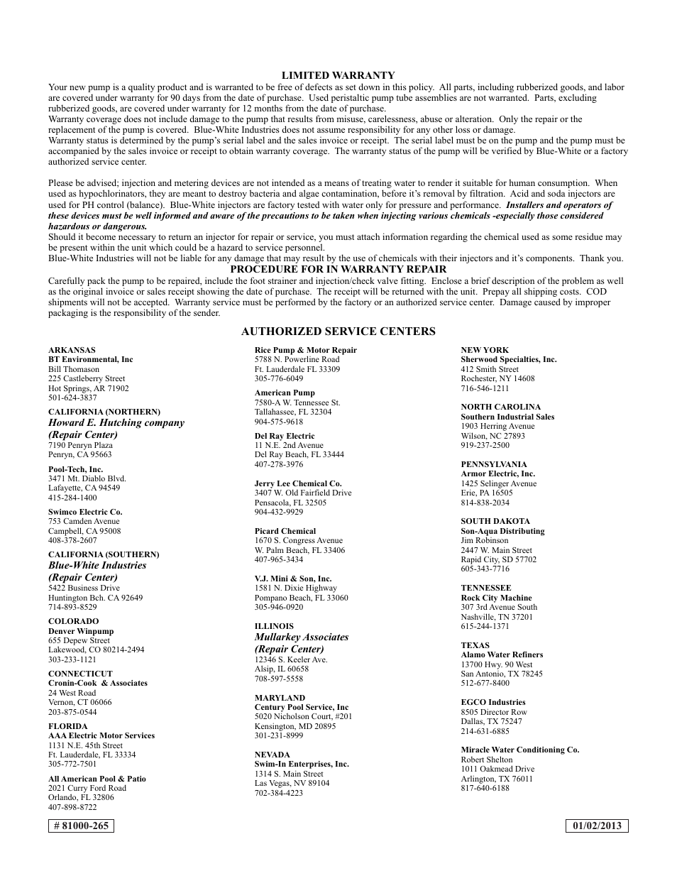 Authorized service centers | Blue-White C-1700N CHEM-FEED Diaphragm Pump User Manual | Page 12 / 12