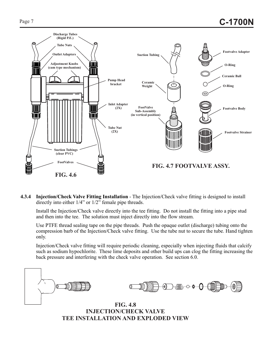 C-1700n, Caution, 3 how to install the tubing and fittings | Fig. 4.5 wiring diagram - fixed timers, Fig. 4.7 footvalve assy, Fig. 4.6 | Blue-White C-1700N CHEM-FEED Diaphragm Pump User Manual | Page 7 / 12