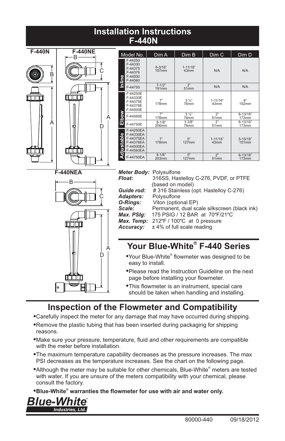 Blue-White F-440 Polysulfone Molded User Manual | 8 pages