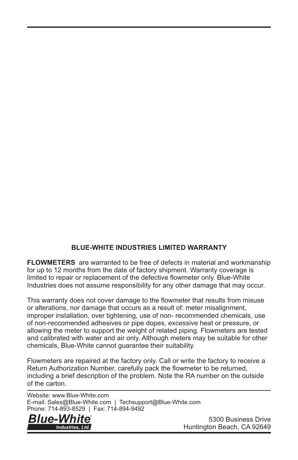 Blue-white | Blue-White F-440 Polysulfone Molded User Manual | Page 8 / 8