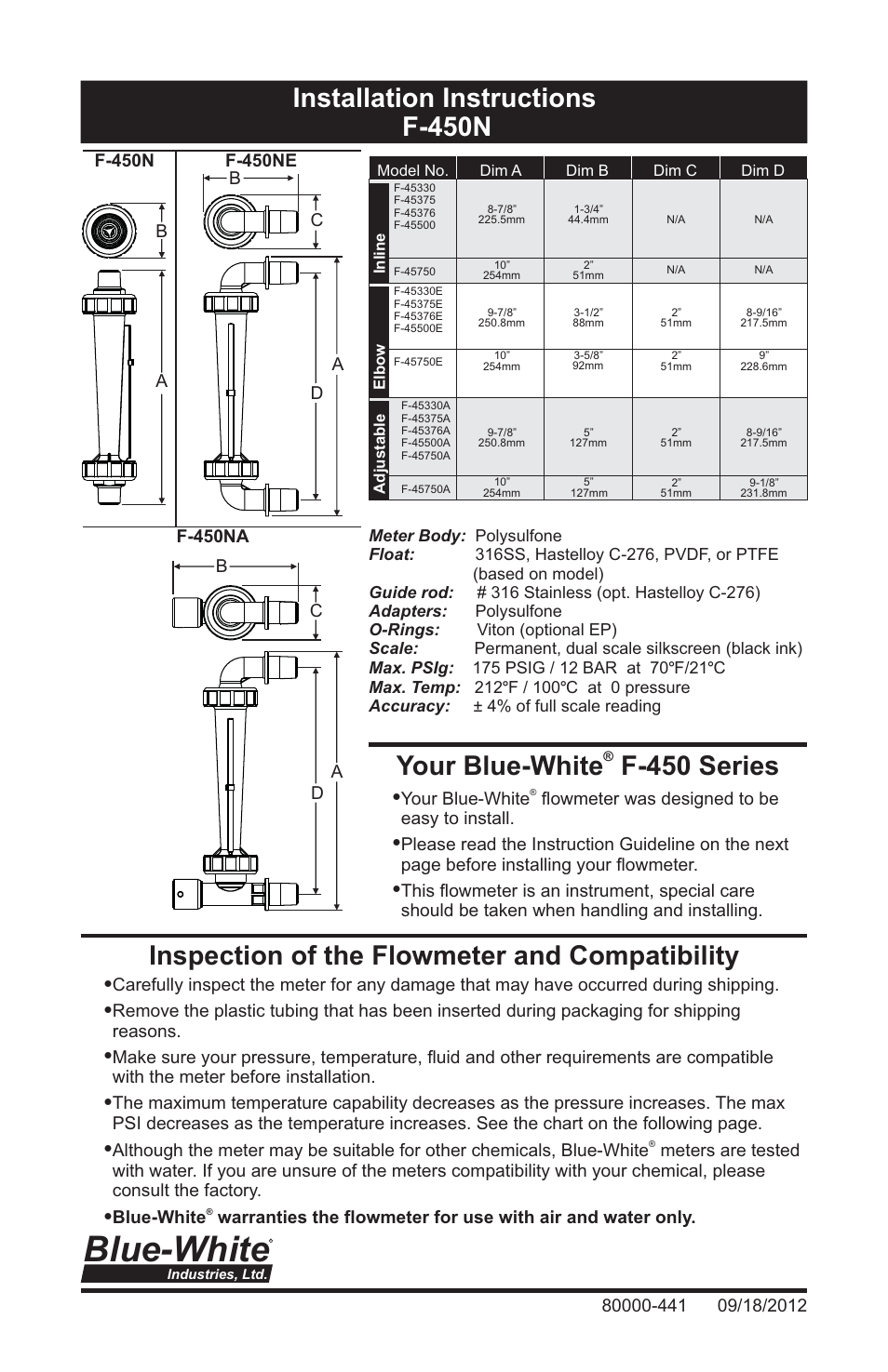 Blue-White F-450N Polysulfone Molded User Manual | 8 pages