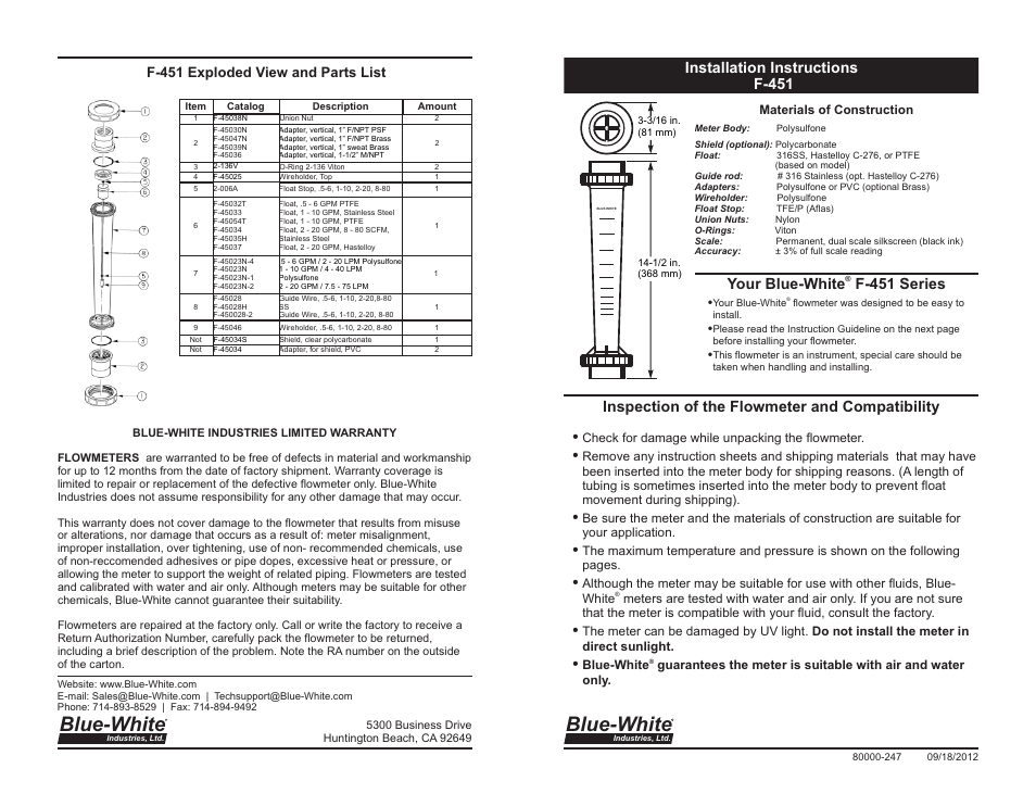 Blue-White F-451 Polysulfone Molded User Manual | 2 pages