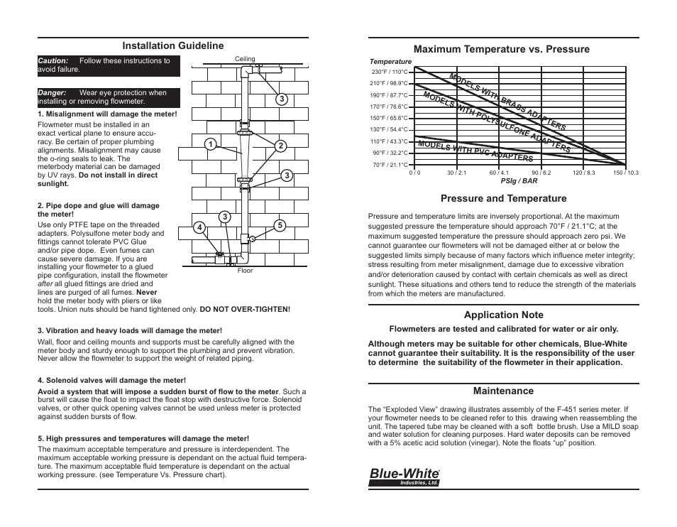 Blue-white, Installation guideline, Rpressure temperature and | Maximum temperature vs. pressure | Blue-White F-451 Polysulfone Molded User Manual | Page 2 / 2