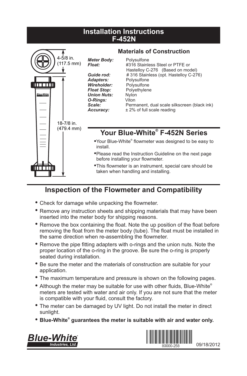 Blue-White F-452N Polysulfone Molded User Manual | 4 pages