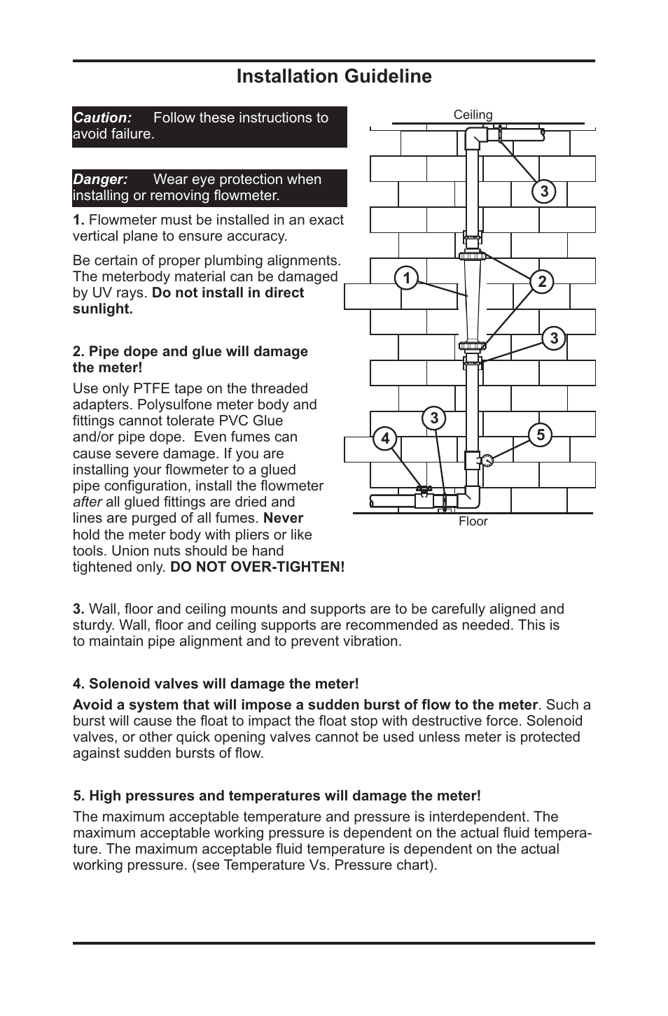 Blue-white, Maximum temperature vs. pressure, Installation guideline | Pressure temperature and | Blue-White F-452N Polysulfone Molded User Manual | Page 2 / 4