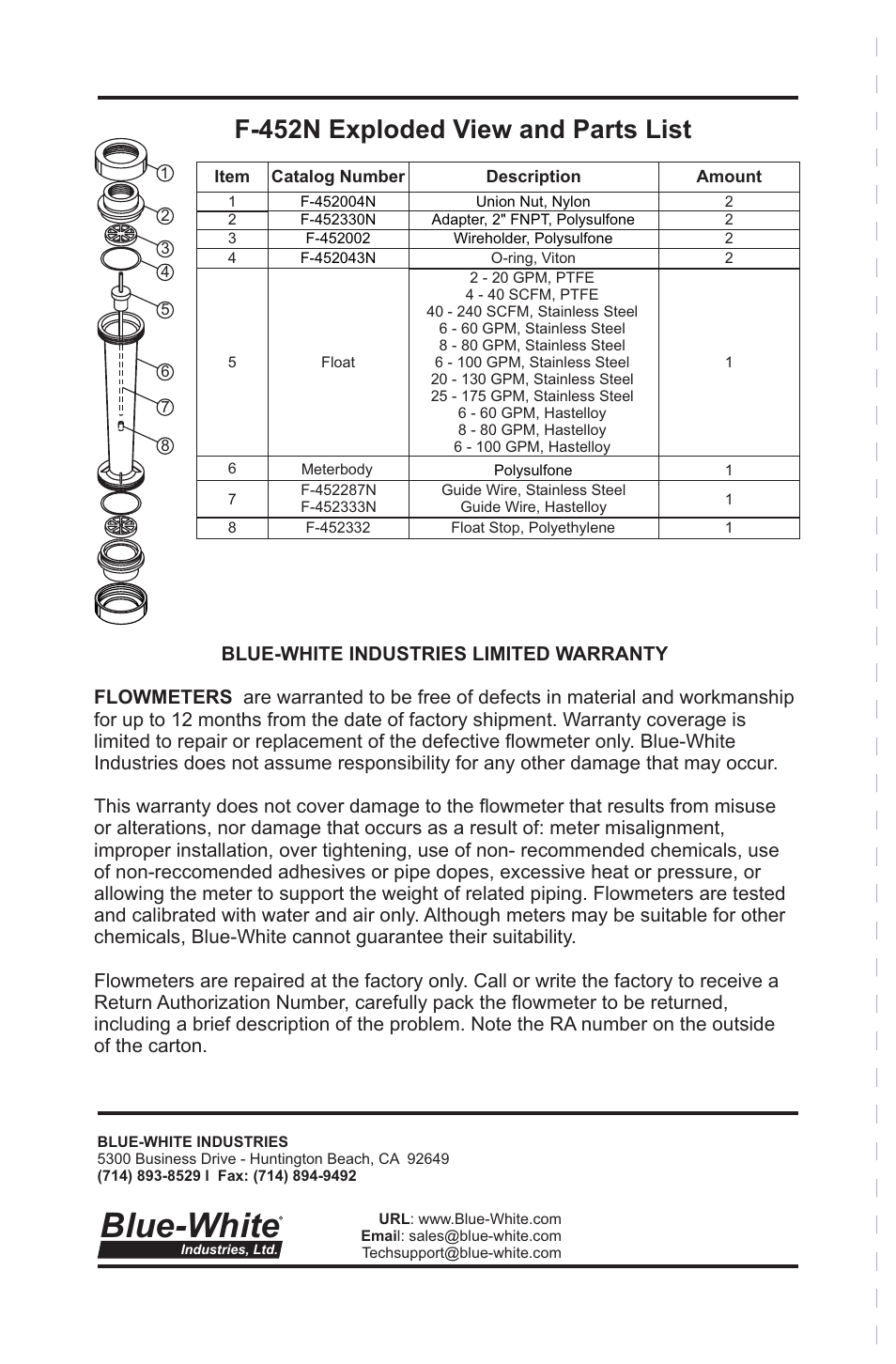 Blue-white, F-452n exploded view and parts list | Blue-White F-452N Polysulfone Molded User Manual | Page 4 / 4