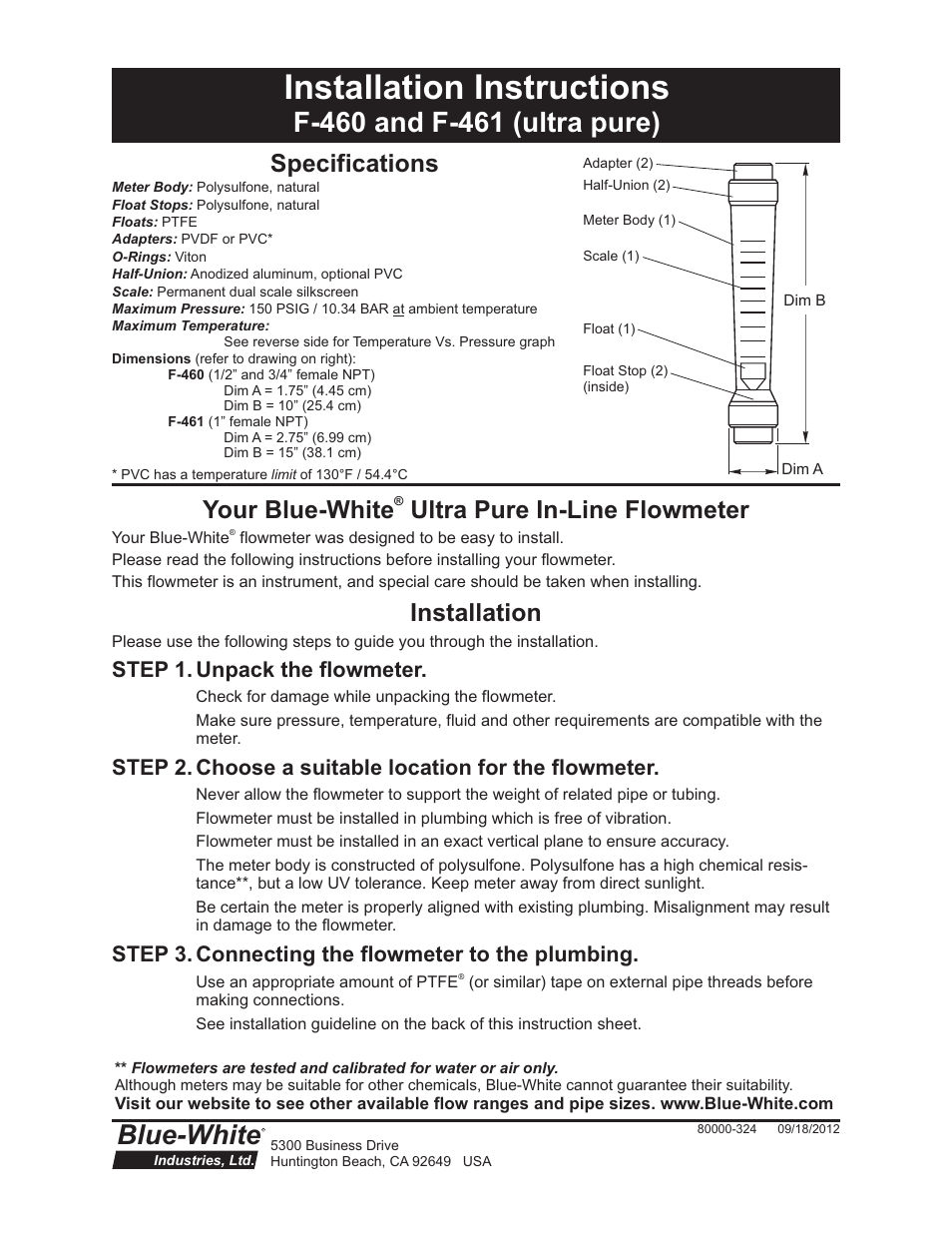 Blue-White F-461 Polysulfone Molded User Manual | 2 pages