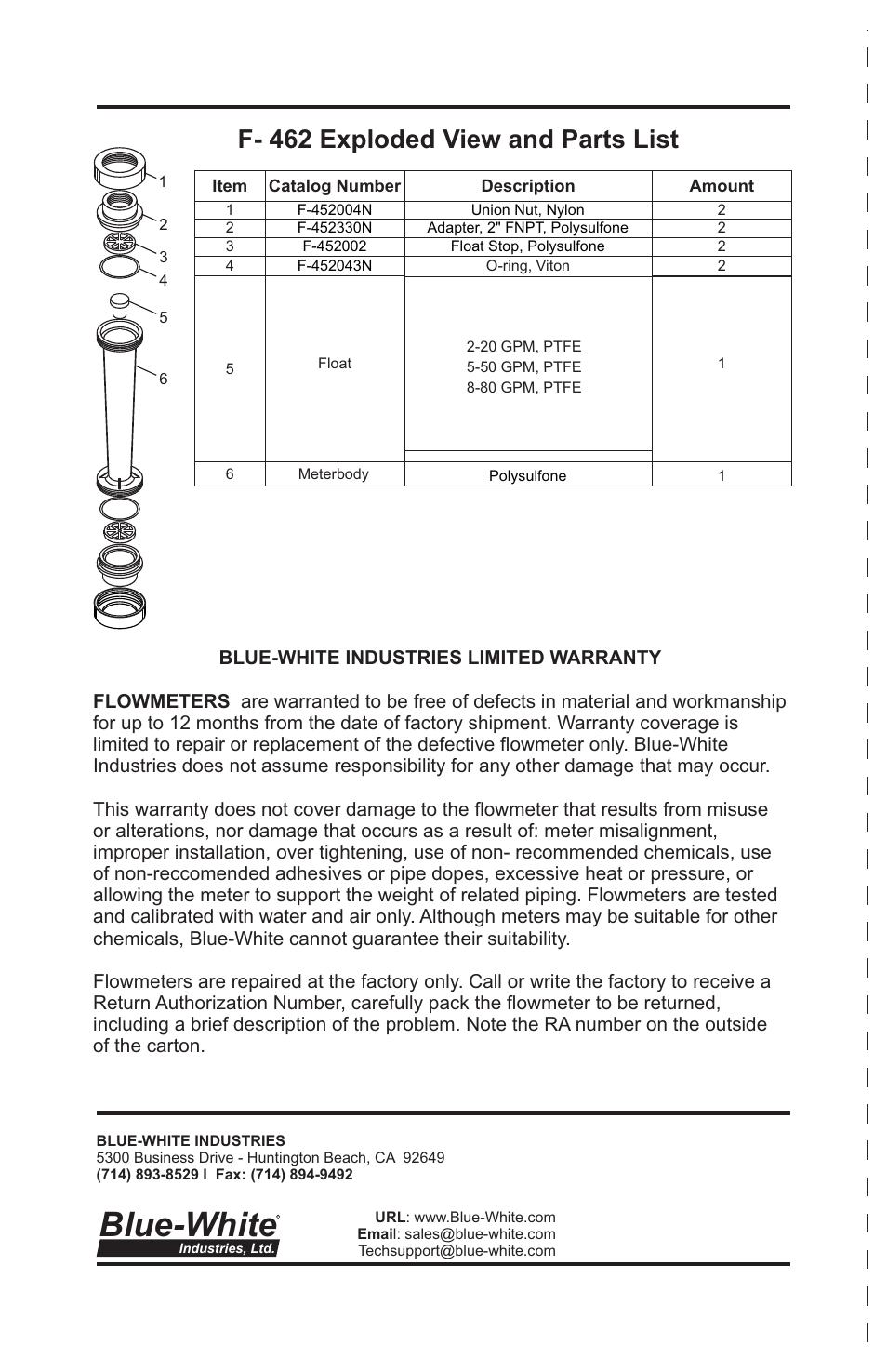 Blue-white, F- 462 exploded view and parts list | Blue-White F-462 Polysulfone Molded User Manual | Page 4 / 4
