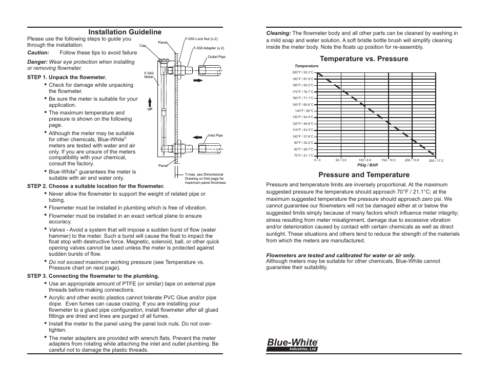 Blue-white, Pressure temperature and, Installation guideline temperature vs. pressure | Blue-White F-550 Machined Acrylic Block User Manual | Page 2 / 2