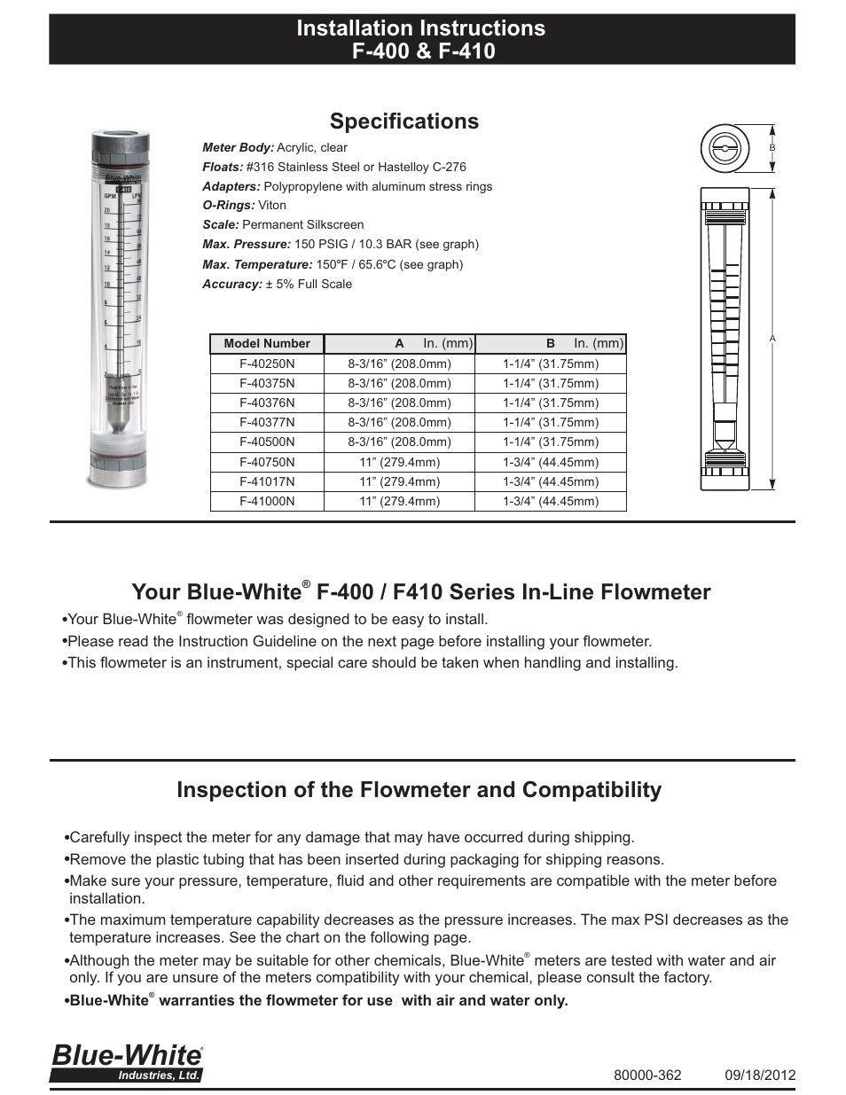 Blue-White F-410N Machined Acrylic Tube User Manual | 4 pages