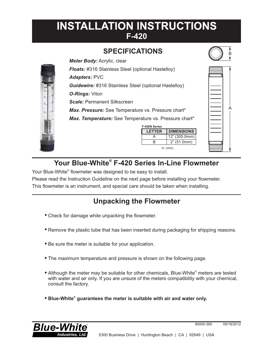 Blue-White F-420N Machined Acrylic Tube User Manual | 4 pages