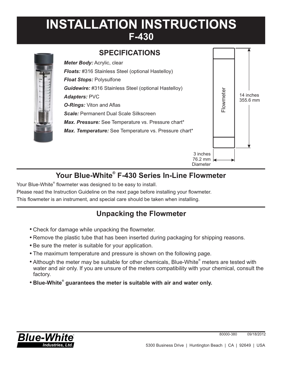 Blue-White F-430N Machined Acrylic Tube User Manual | 4 pages