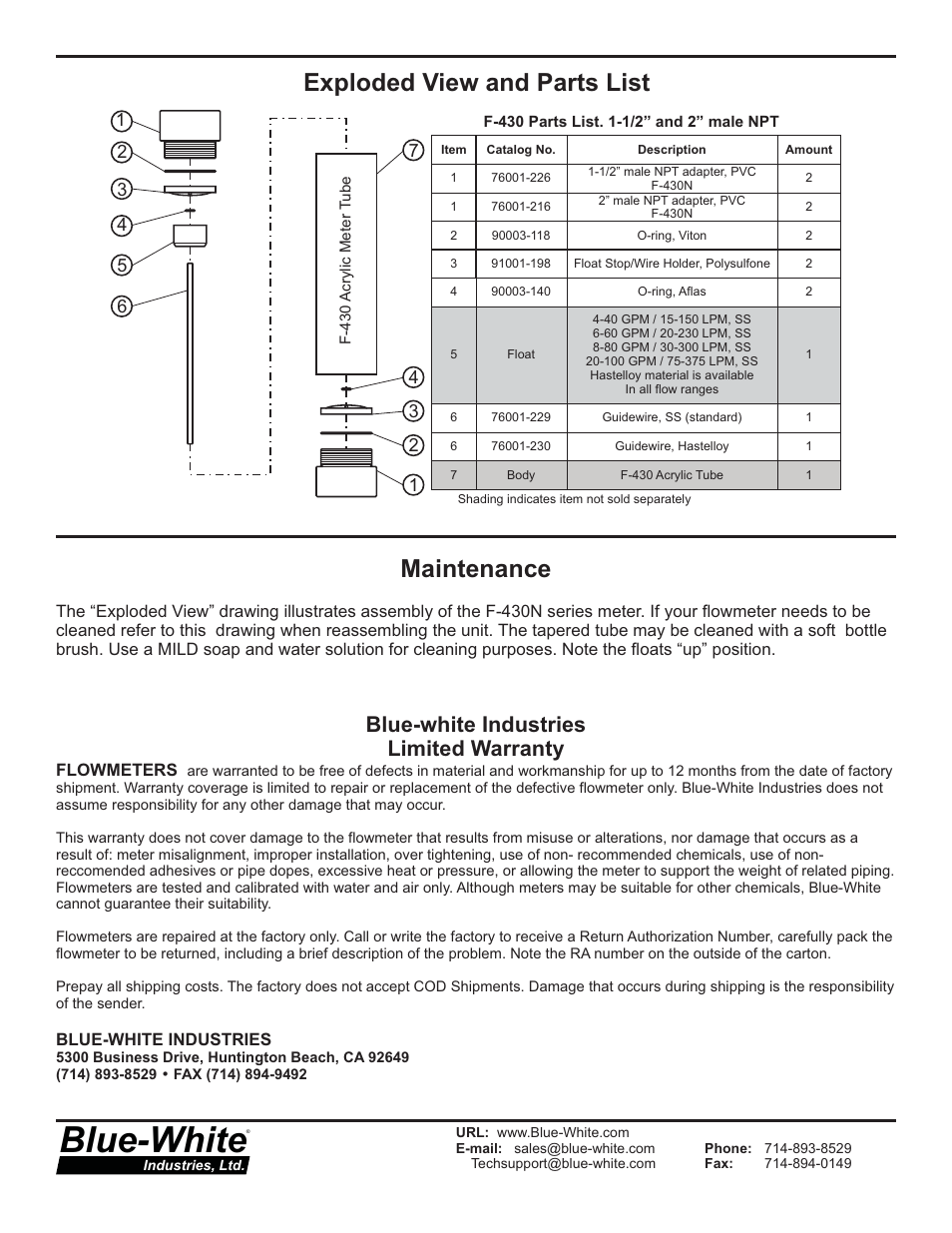 Blue-white, Exploded view and parts list, Maintenance | Blue-white industries limited warranty | Blue-White F-430N Machined Acrylic Tube User Manual | Page 4 / 4