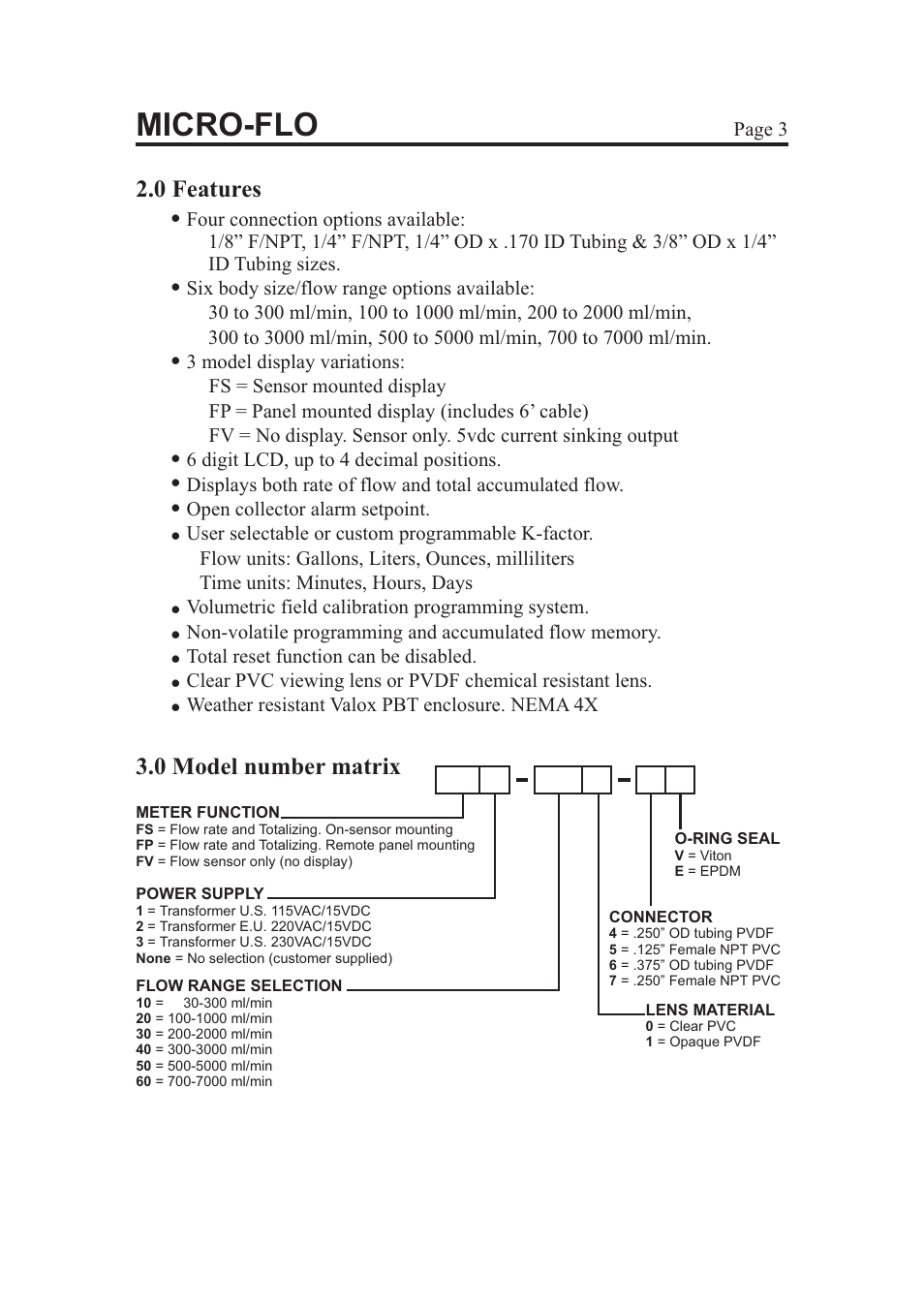 Micro-flo, 0 features, 0 model number matrix | Blue-White Micro-Flo User Manual | Page 3 / 14