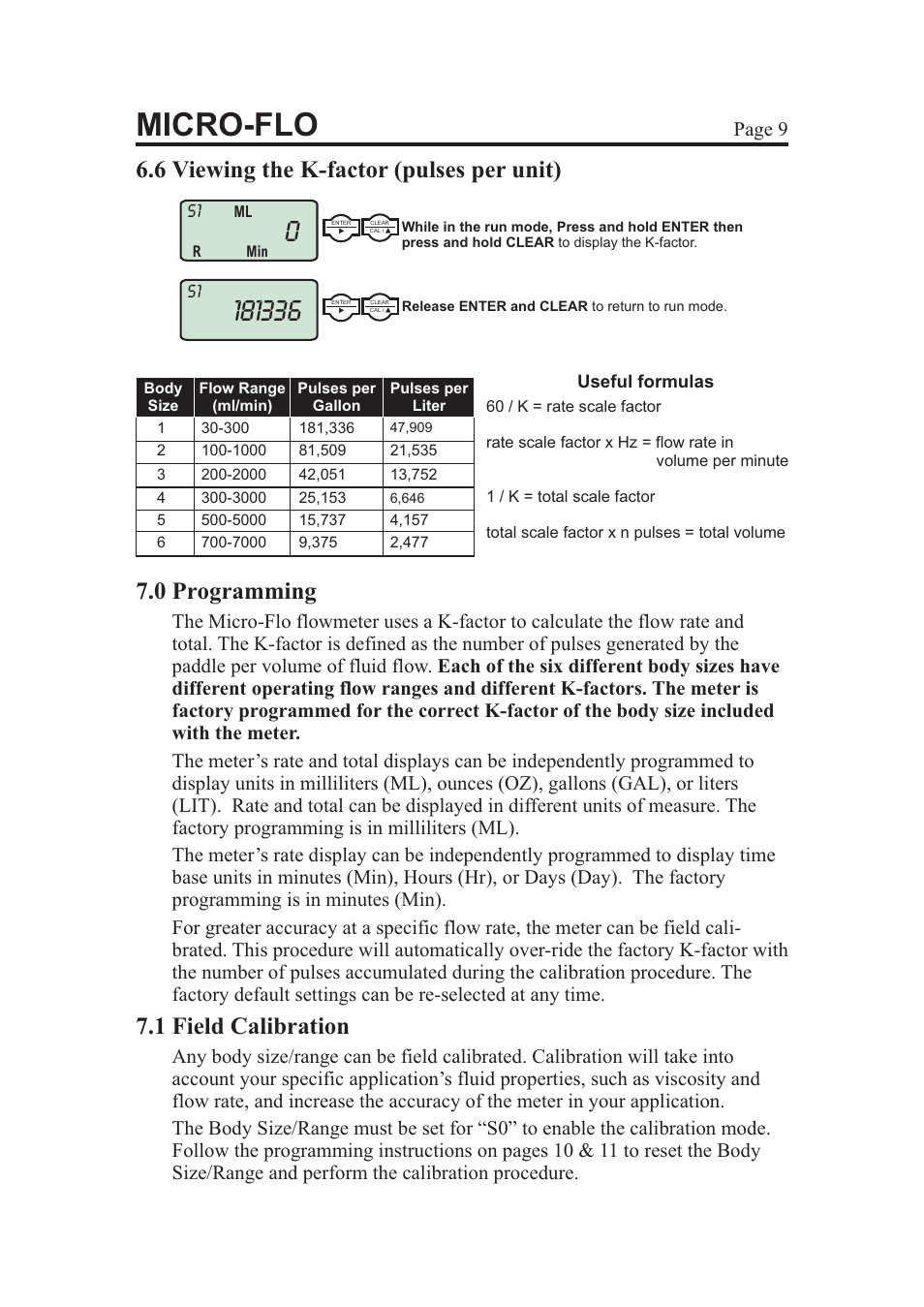 Micro-flo, 0 programming, 1 field calibration | 6 viewing the k-factor (pulses per unit), Page 9 | Blue-White Micro-Flo User Manual | Page 9 / 14