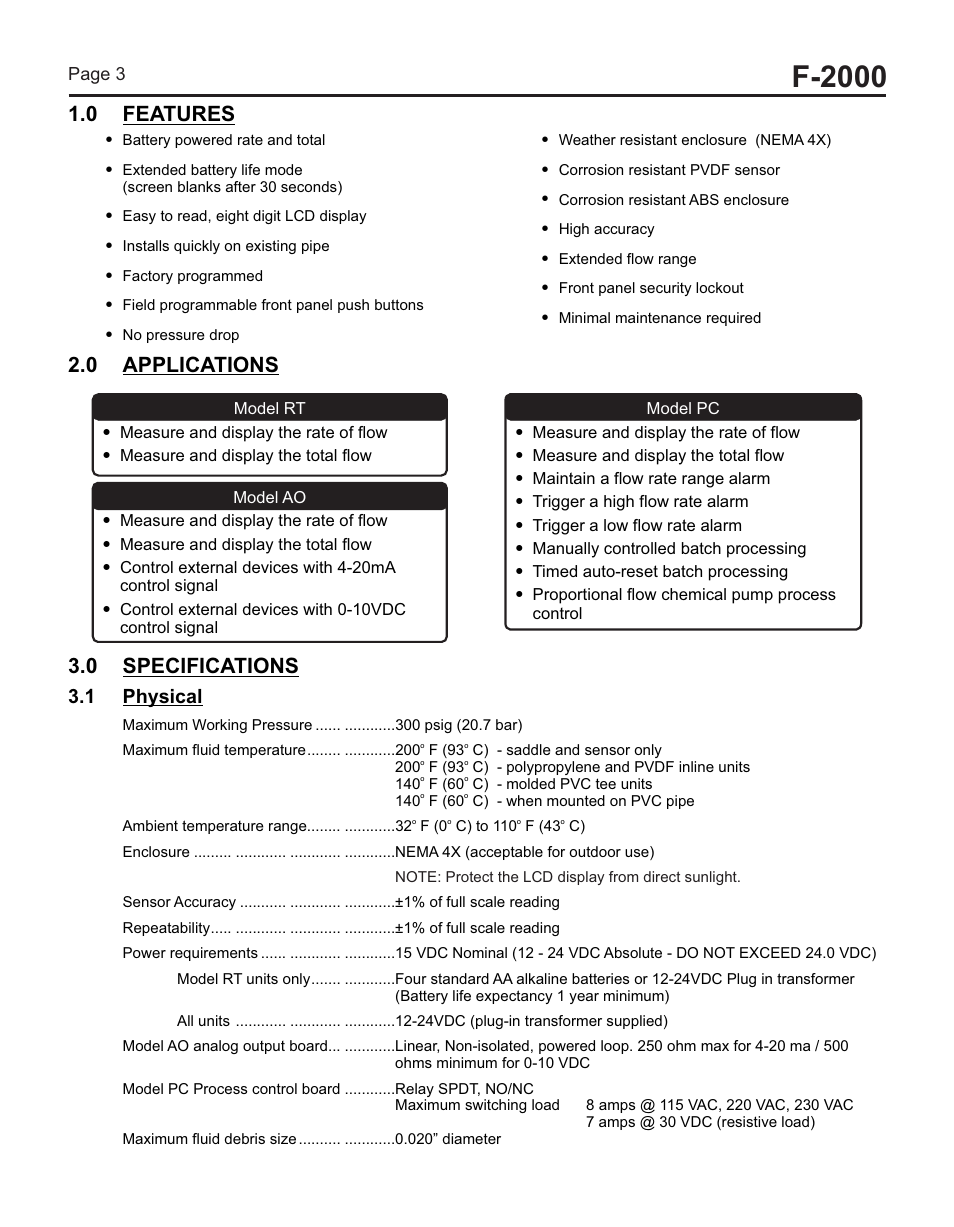 F-2000, 0 features 2.0 applications, 0 specifications | 1 physical | Blue-White F-2000 – Sensor User Manual | Page 3 / 22