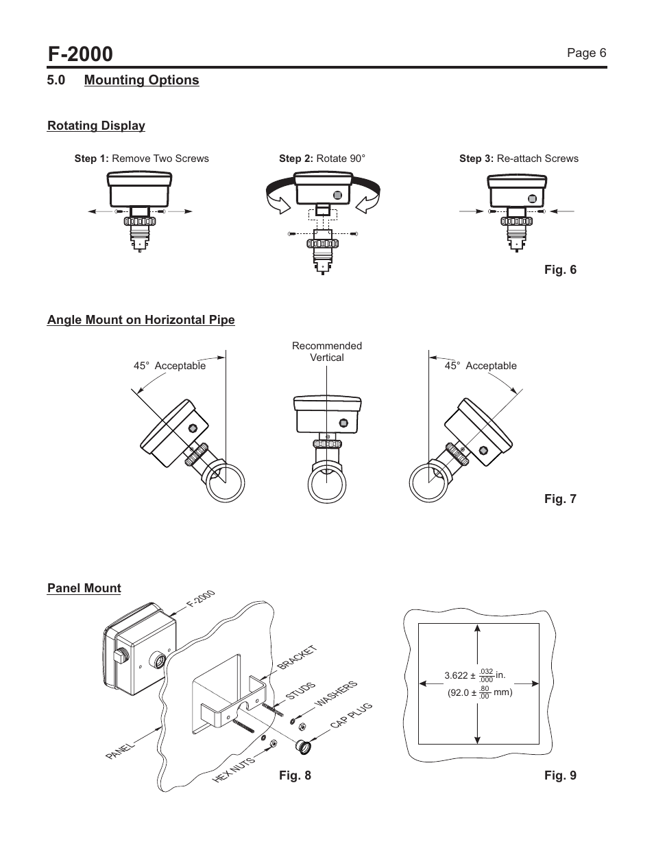 F-2000, 0 mounting options, Ordering information fig. 10 fig. 11 | Page 6 panel mount rotating display, Fig. 6 angle mount on horizontal pipe, Fig. 7 fig. 9 fig. 8 | Blue-White F-2000 – Sensor User Manual | Page 6 / 22