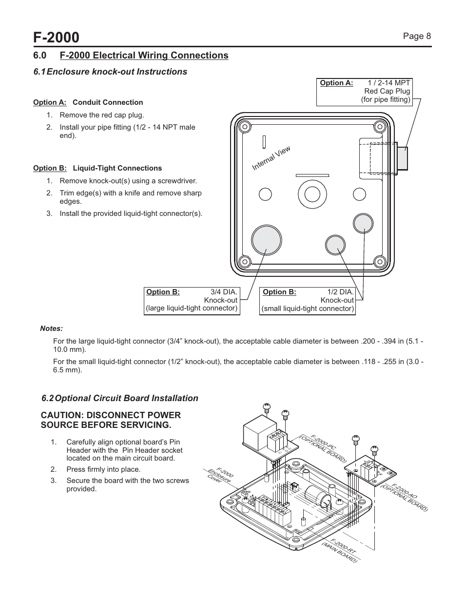 F-2000, Page 8, Caution: disconnect power source before servicing | Page 9, 3 model rt circuit board wiring | Blue-White F-2000 – Sensor User Manual | Page 8 / 22