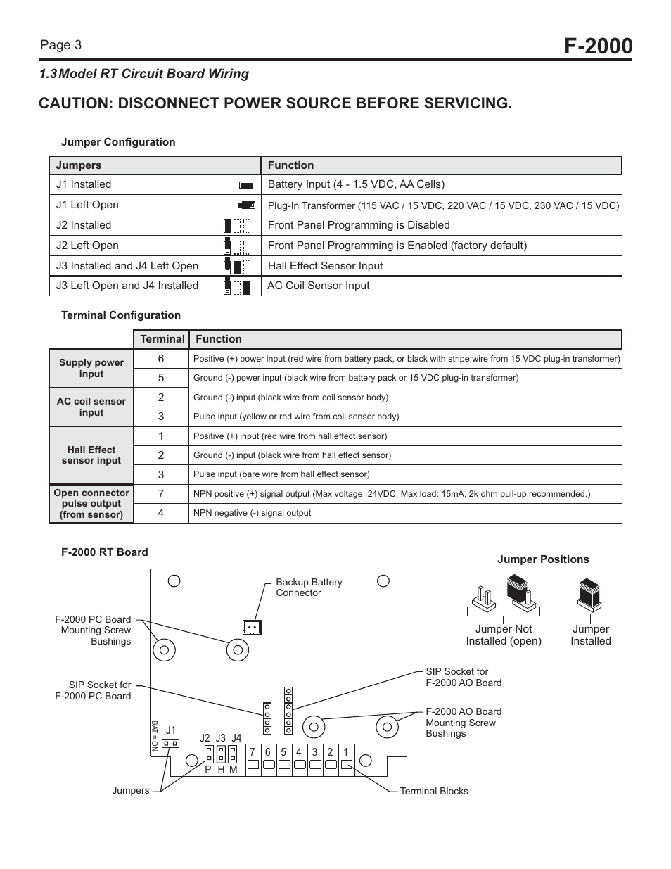 F-2000, Caution: disconnect power source before servicing, Page 3 | 3 model rt circuit board wiring | Blue-White F-2000 – Solvent Weld PVC Tee Fitting User Manual | Page 3 / 18