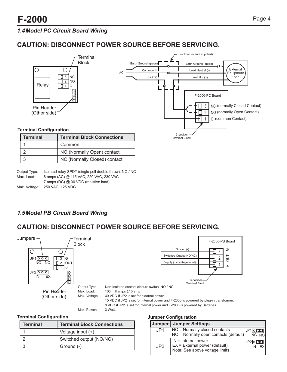 F-2000, Caution: disconnect power source before servicing, 4 model pc circuit board wiring | Page 4, 5 model pb circuit board wiring | Blue-White F-2000 – Solvent Weld PVC Tee Fitting User Manual | Page 4 / 18