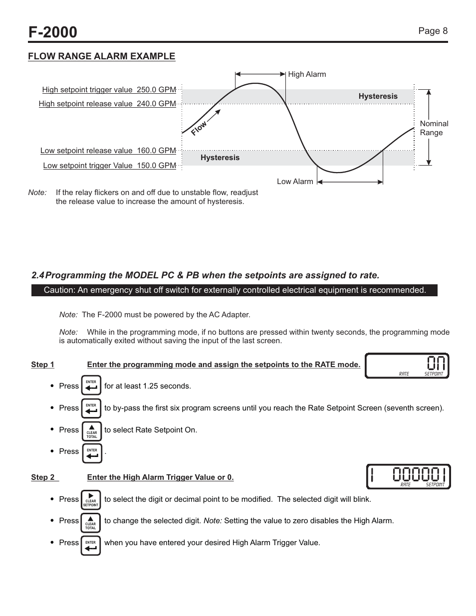 F-2000, Page 8, Flow range alarm example | Blue-White F-2000 – Solvent Weld PVC Tee Fitting User Manual | Page 8 / 18
