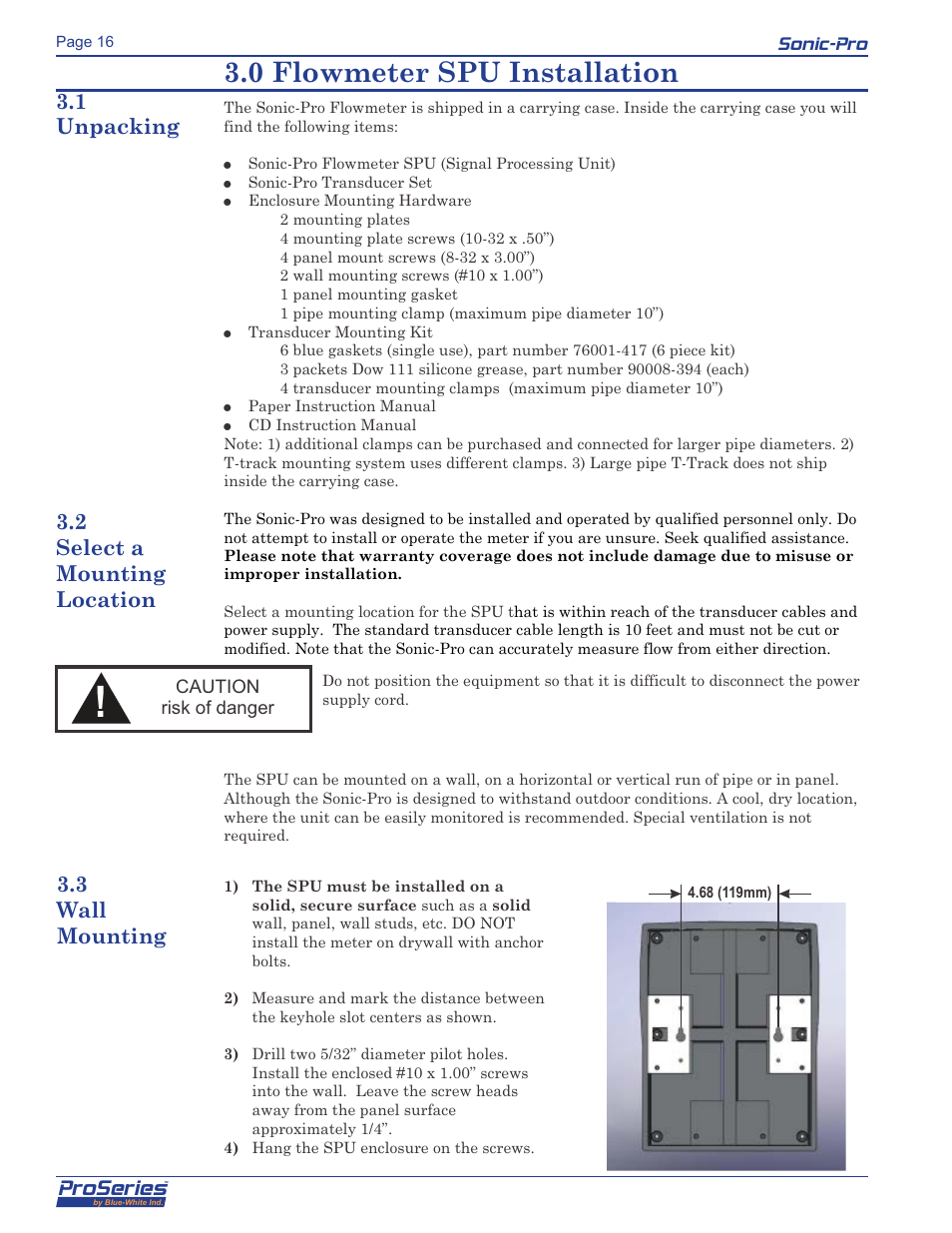 0 flowmeter spu installation, Proseries, Sonic-pro | Blue-White Sonic-Pro Hybrid Ultrasonic Flowmeters User Manual | Page 16 / 74