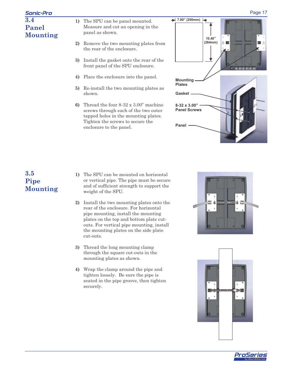 Proseries, Sonic-pro, 4 panel mounting 3.5 pipe mounting | Blue-White Sonic-Pro Hybrid Ultrasonic Flowmeters User Manual | Page 17 / 74