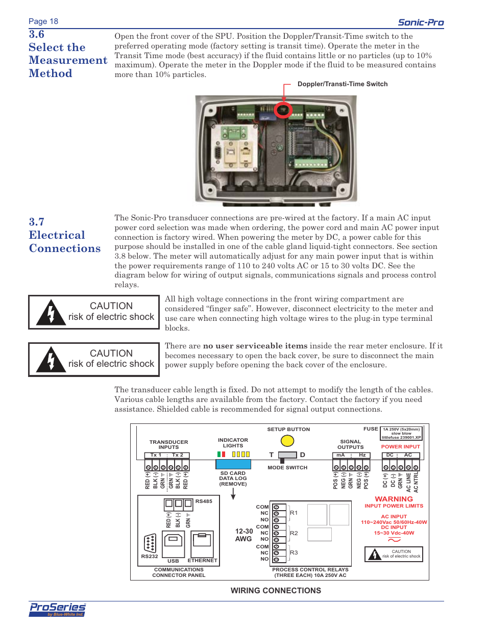 Proseries, 6 select the measurement method, 7 electrical connections | Sonic-pro, Caution risk of electric shock, Wiring connections page 18 | Blue-White Sonic-Pro Hybrid Ultrasonic Flowmeters User Manual | Page 18 / 74