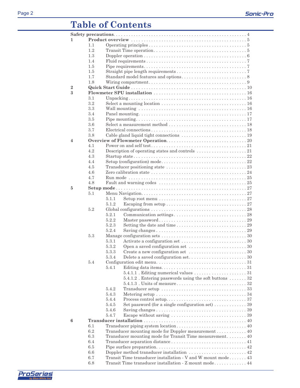 Blue-White Sonic-Pro Hybrid Ultrasonic Flowmeters User Manual | Page 2 / 74