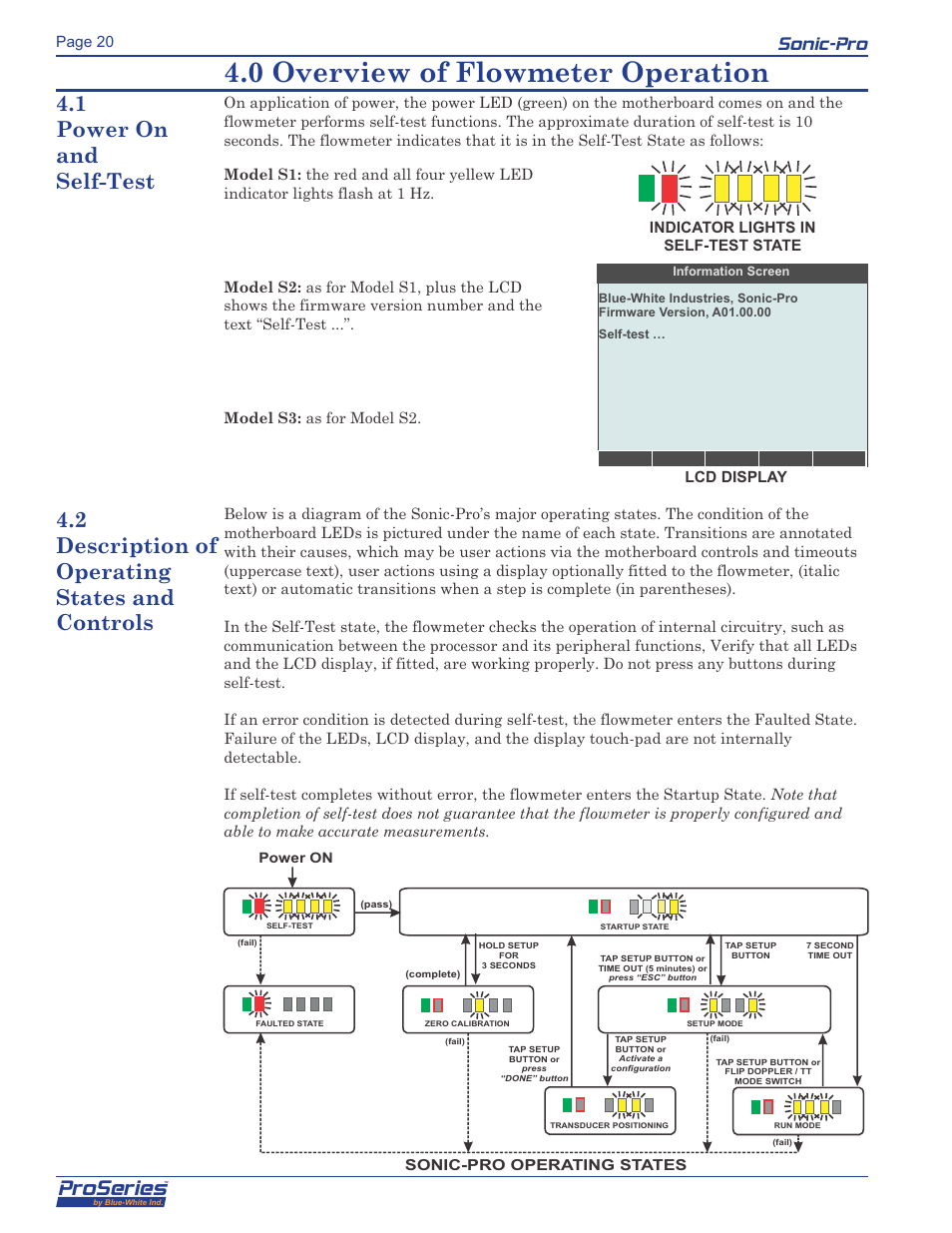 0 overview of flowmeter operation, Proseries, Sonic-pro | 1 power on and self-test, 2 description of operating states and controls | Blue-White Sonic-Pro Hybrid Ultrasonic Flowmeters User Manual | Page 20 / 74