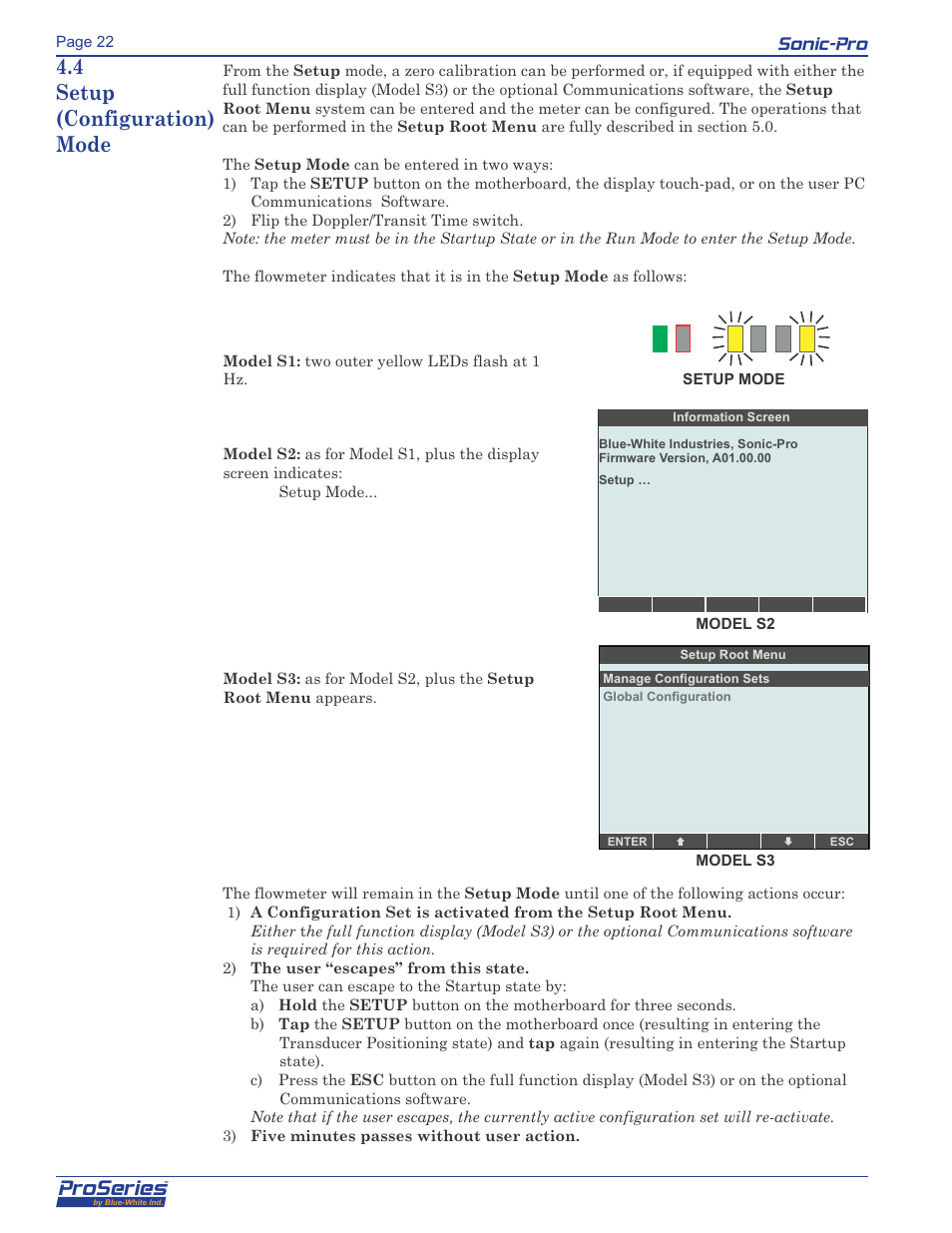 Proseries, Sonic-pro, 4 setup (configuration) mode | Blue-White Sonic-Pro Hybrid Ultrasonic Flowmeters User Manual | Page 22 / 74