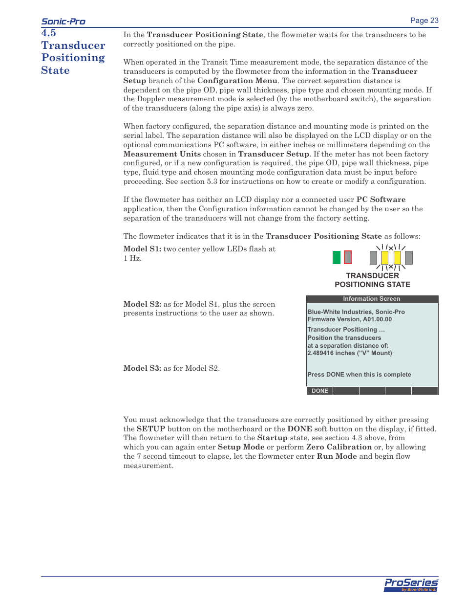 Proseries, Sonic-pro, 5 transducer positioning state | Blue-White Sonic-Pro Hybrid Ultrasonic Flowmeters User Manual | Page 23 / 74