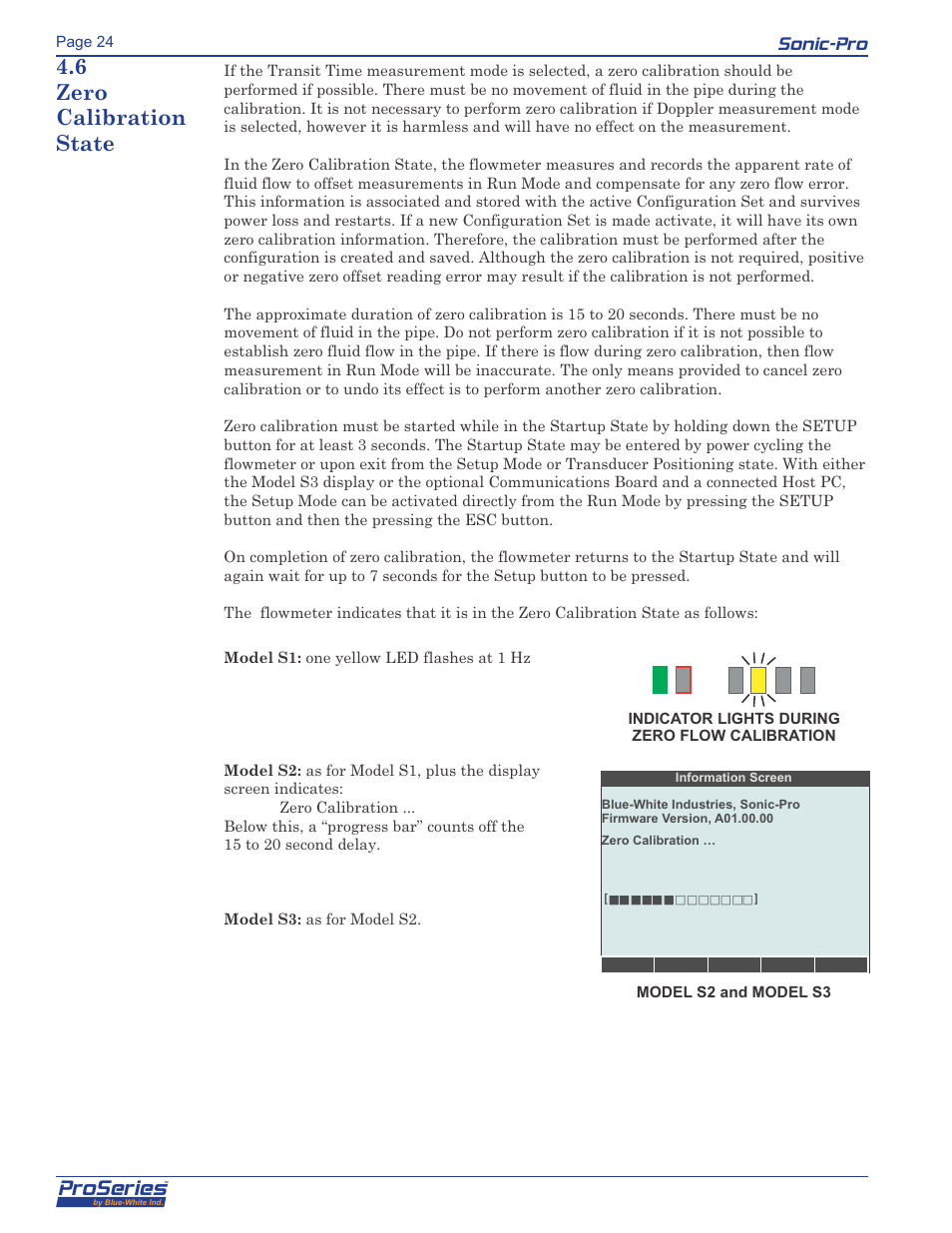 Proseries, Sonic-pro, 6 zero calibration state | Blue-White Sonic-Pro Hybrid Ultrasonic Flowmeters User Manual | Page 24 / 74