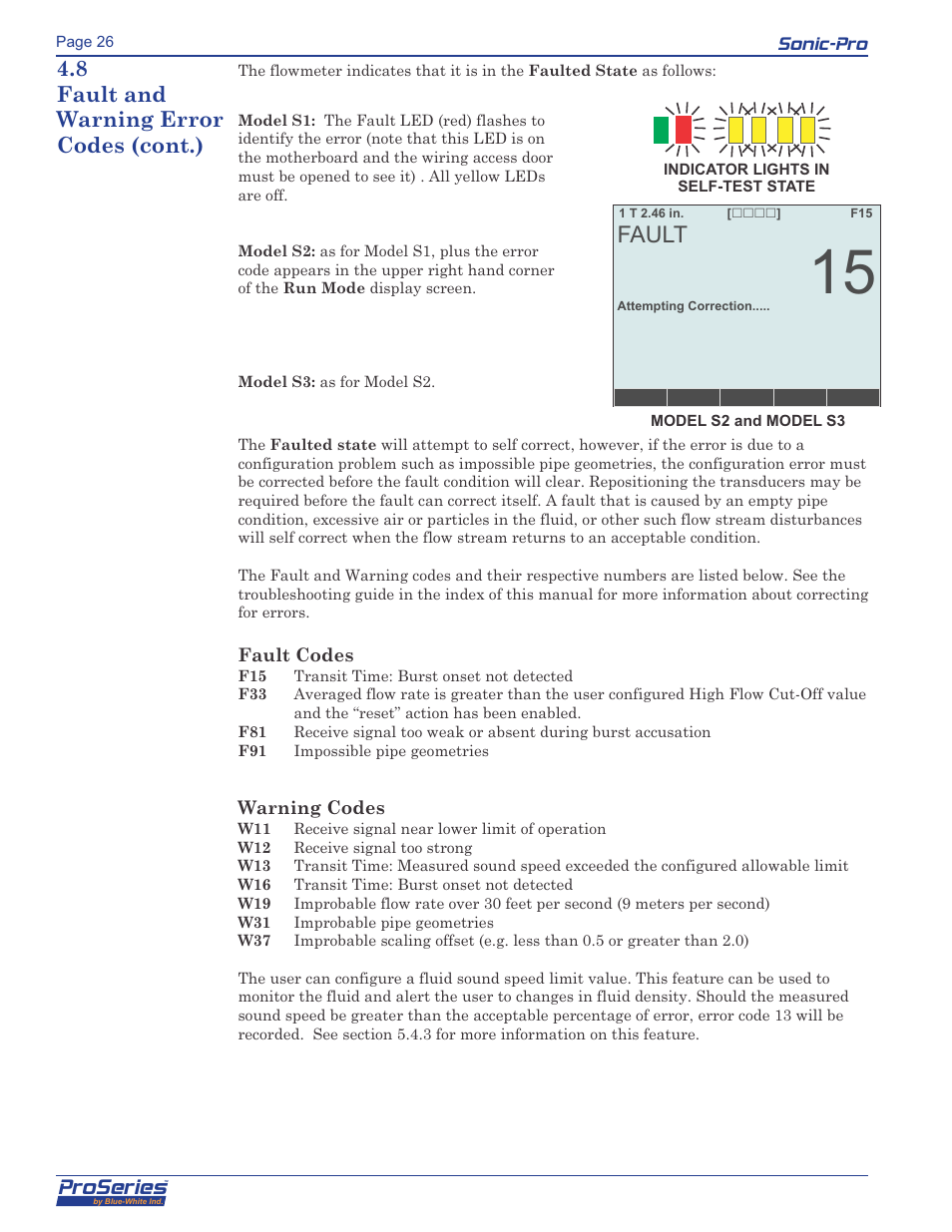 Proseries, Fault, Sonic-pro | 8 fault and warning error codes (cont.) | Blue-White Sonic-Pro Hybrid Ultrasonic Flowmeters User Manual | Page 26 / 74