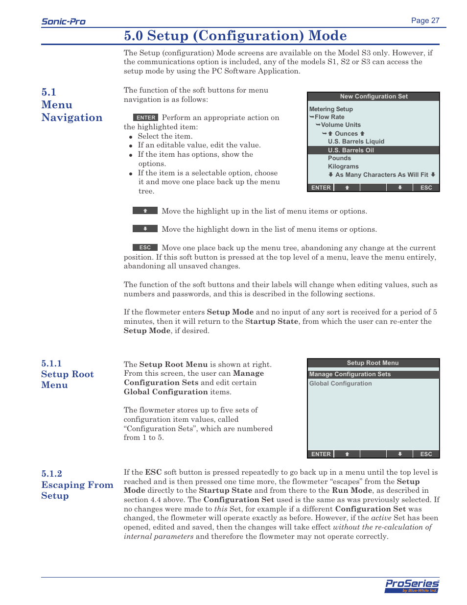 0 setup (configuration) mode, Proseries, Sonic-pro | 1 menu navigation, 1 setup root menu, 2 escaping from setup | Blue-White Sonic-Pro Hybrid Ultrasonic Flowmeters User Manual | Page 27 / 74