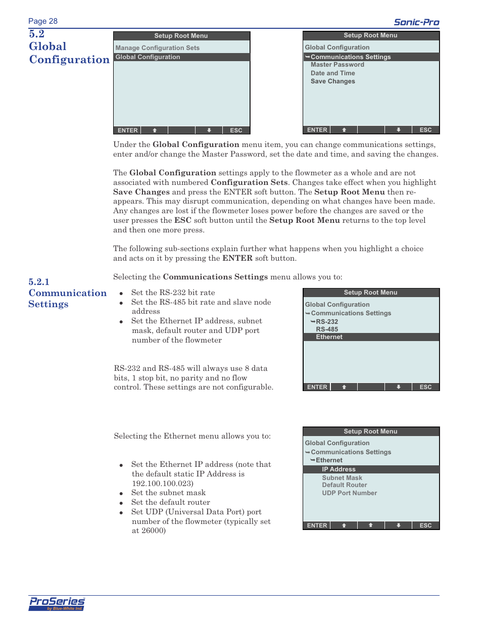 Proseries, Sonic-pro, 2 global configuration | 1 communication settings | Blue-White Sonic-Pro Hybrid Ultrasonic Flowmeters User Manual | Page 28 / 74