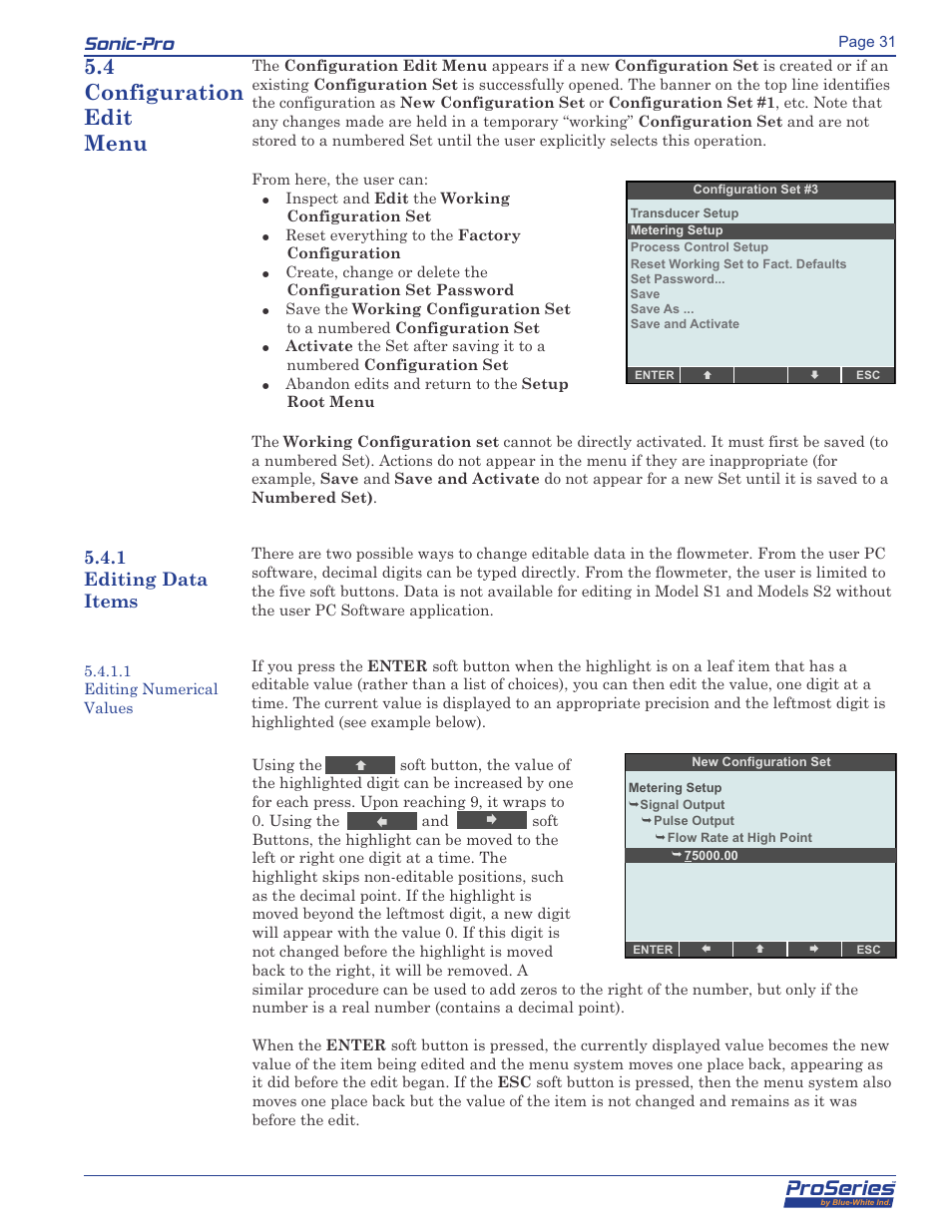 Proseries, Sonic-pro, 4 configuration edit menu | 1 editing data items | Blue-White Sonic-Pro Hybrid Ultrasonic Flowmeters User Manual | Page 31 / 74