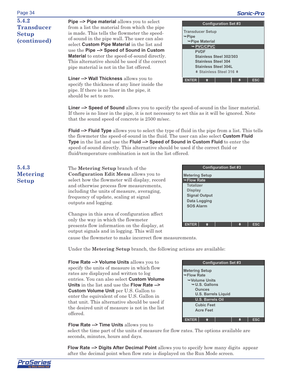 Proseries, Sonic-pro, 2 transducer setup (continued) | 3 metering setup | Blue-White Sonic-Pro Hybrid Ultrasonic Flowmeters User Manual | Page 34 / 74