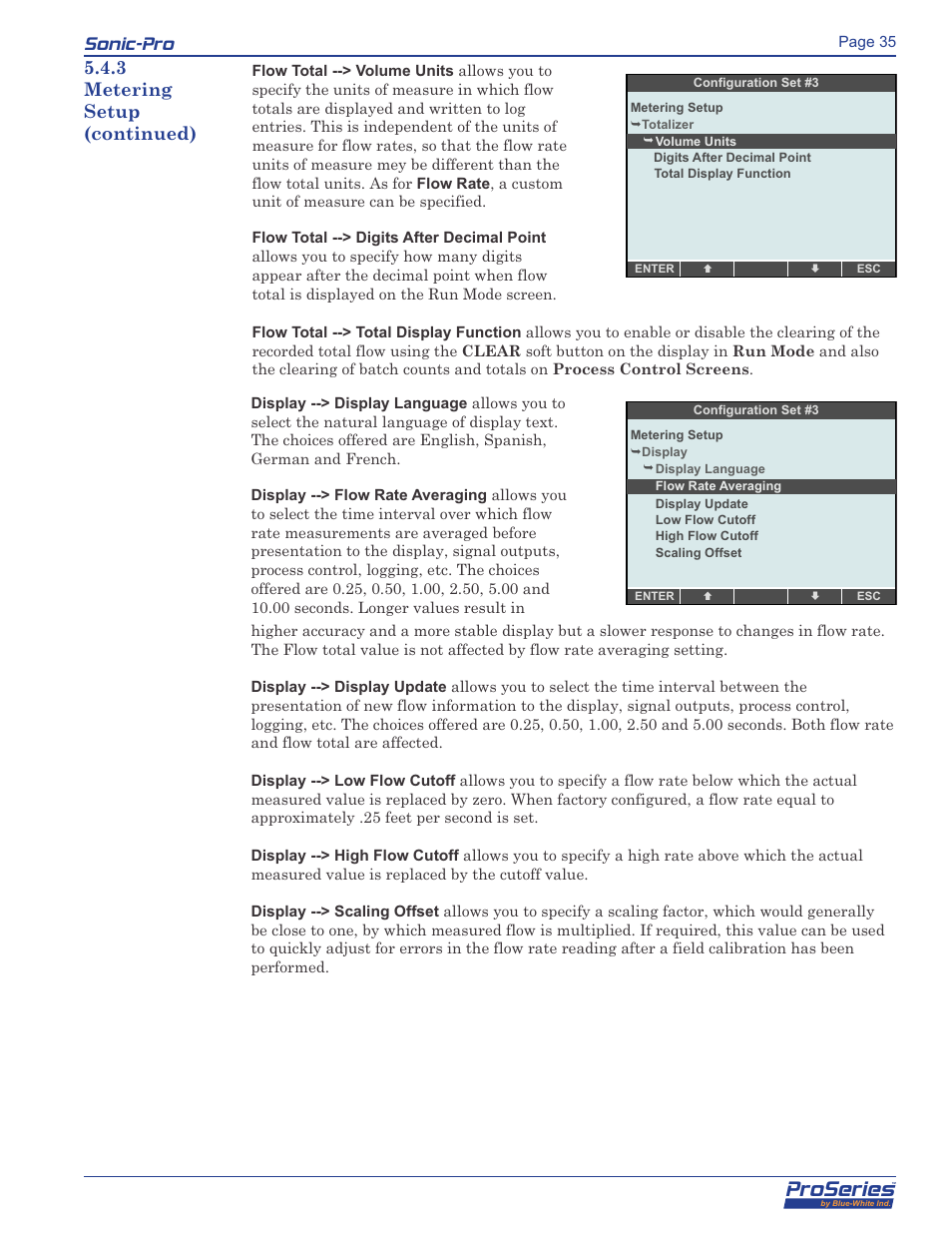Proseries, Sonic-pro, 3 metering setup (continued) | Blue-White Sonic-Pro Hybrid Ultrasonic Flowmeters User Manual | Page 35 / 74